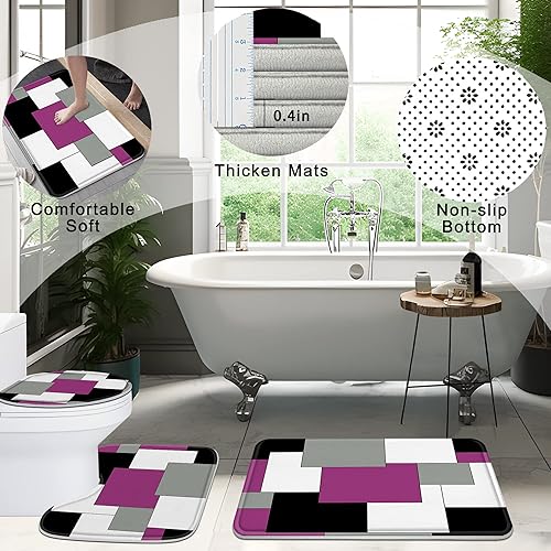 Miniatura 4 de 4Pcs Purple Bathroom Sets with Shower Curtain and Rugs, Geometric Bathroom Set, Shower Curtain Set with Non-Slip Rugs, Toilet Lid Cover, Bath Mat