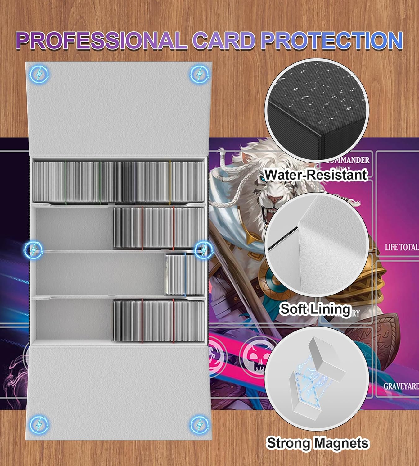 Dual Flip Trading Card Storage Box 3500+ Card Deck Case for Magic the Gathering PKM Sports Cards, 4-row Leather MTG PTCG Commander Deck with 12 PVC Dividers 4 Supporters, Black/Gray