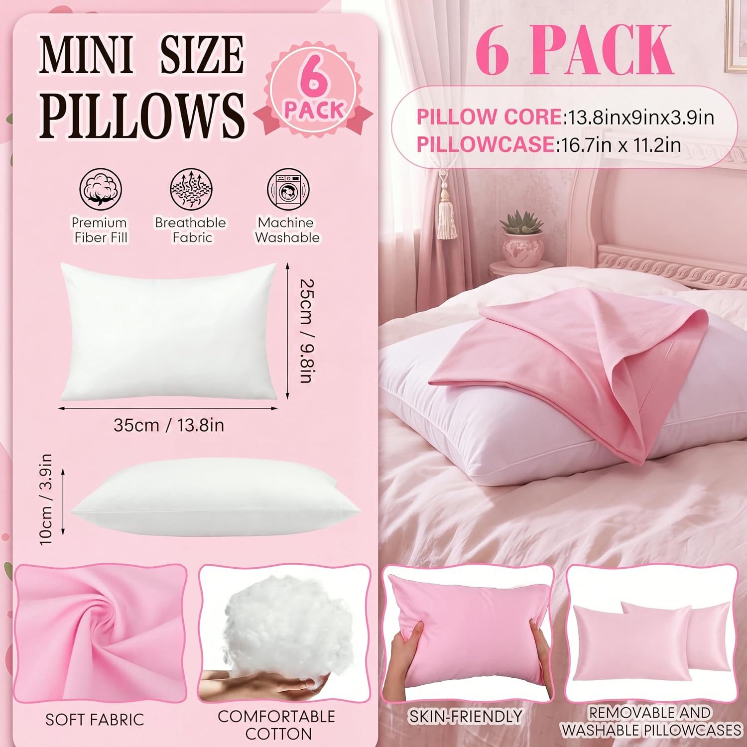6pcs Pink Spa Party Pillow with Long Staple Cotton Pillow Cover, Regular image 2