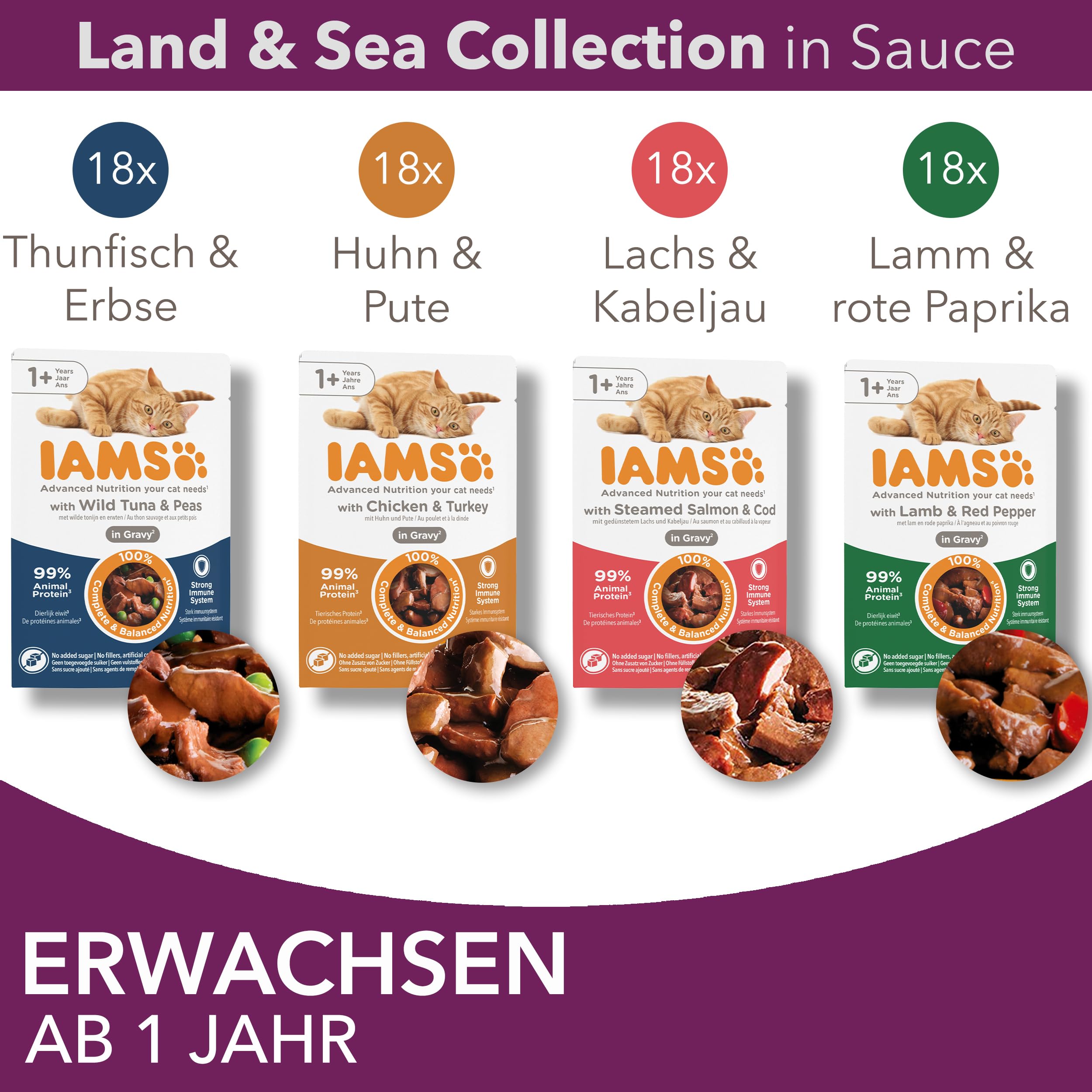 IAMS Delights Land & Sea Collection Katzenfutter Nass, 72 x 85 g | Multipack | mit Fleisch und Fisch Sorten in Sauce | Nassfutter für Katzen | ab 1 Jahr