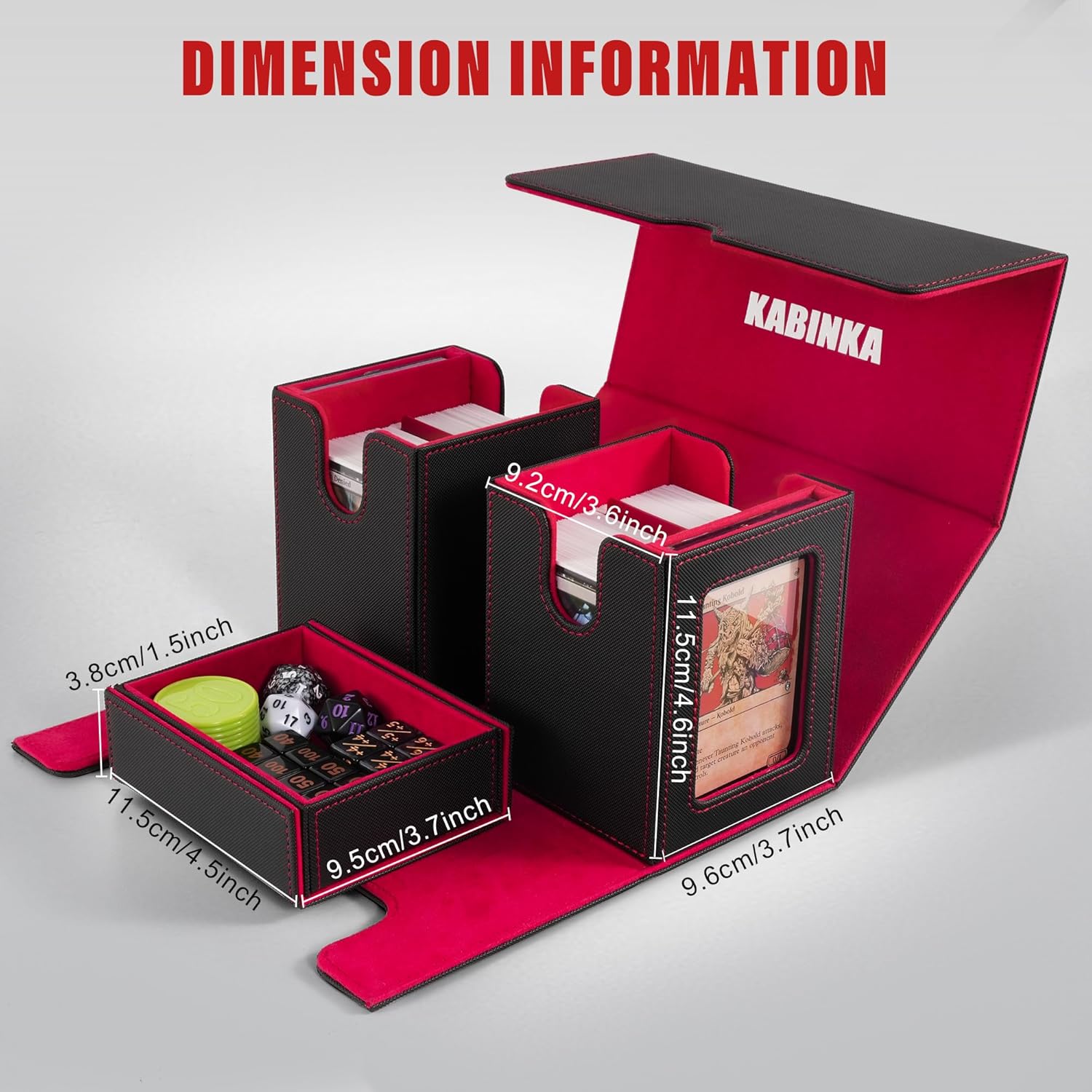 Kabinka Deck Box for MTG with Commander Display, 3 in 1 Trading Card Storage Box Fit 200 Double-sleeved Cards, Removable Deck Case for TCG/Sports Cards with 2 Magnetic Card Holders (Black Red)