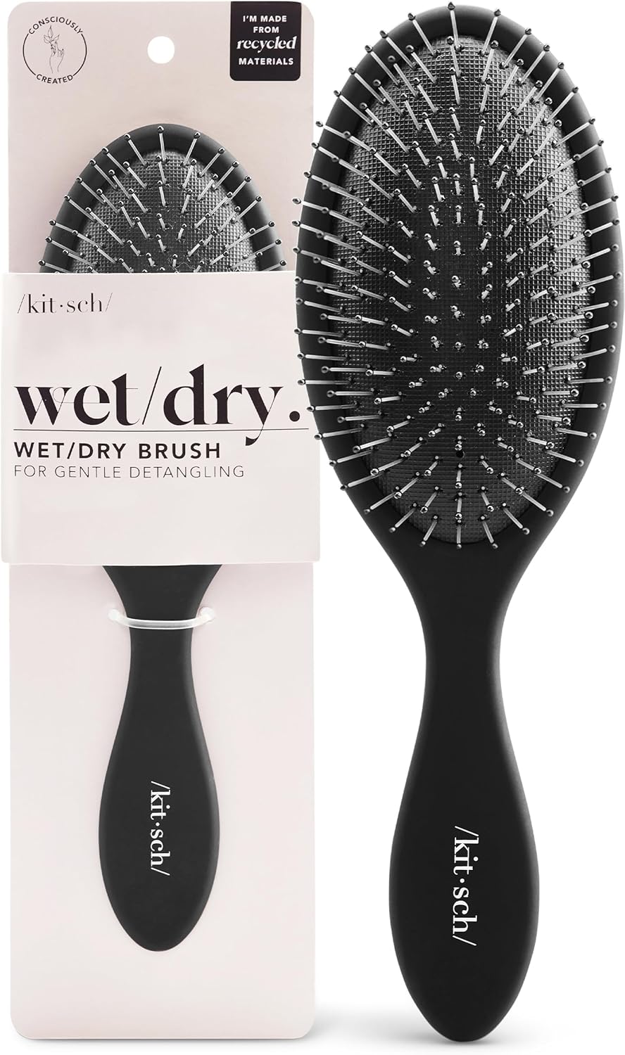 Kitsch Recycled Plastic Wet/Dry Hair Brush, Detangling Tool for Curly or Straight Styles, Brush for Tangled Strands, Flexible Hairbrush Bristles, Brushes for Women & Men, Adults & Kids - Black