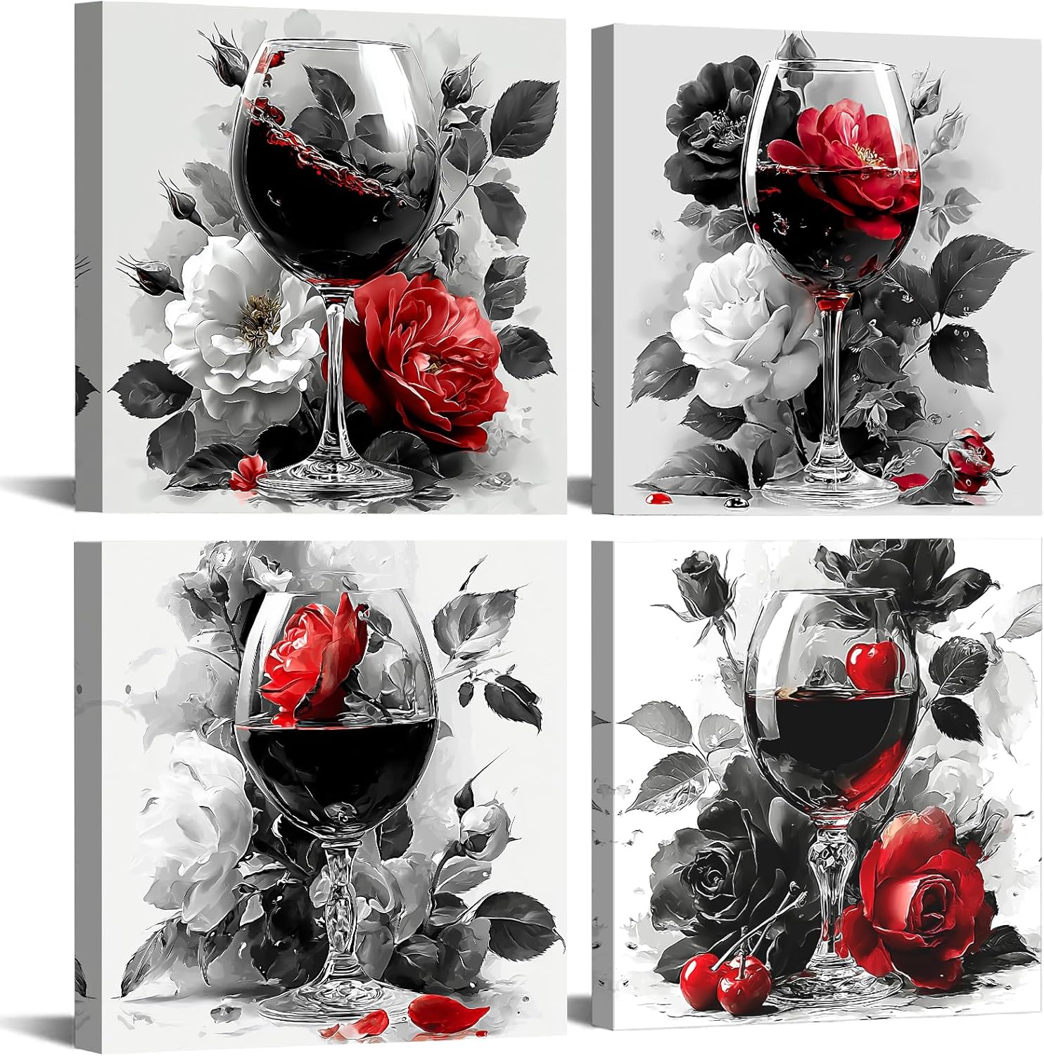 Watercolor Rose Flower Wall Art Red Wine Glass Pictures Wall Decor Kitchen Bar Home Decorations, Black and White Prints Artwork Modern Floral Botanical Posters Painting Dining Room Decor 12x12” 4P