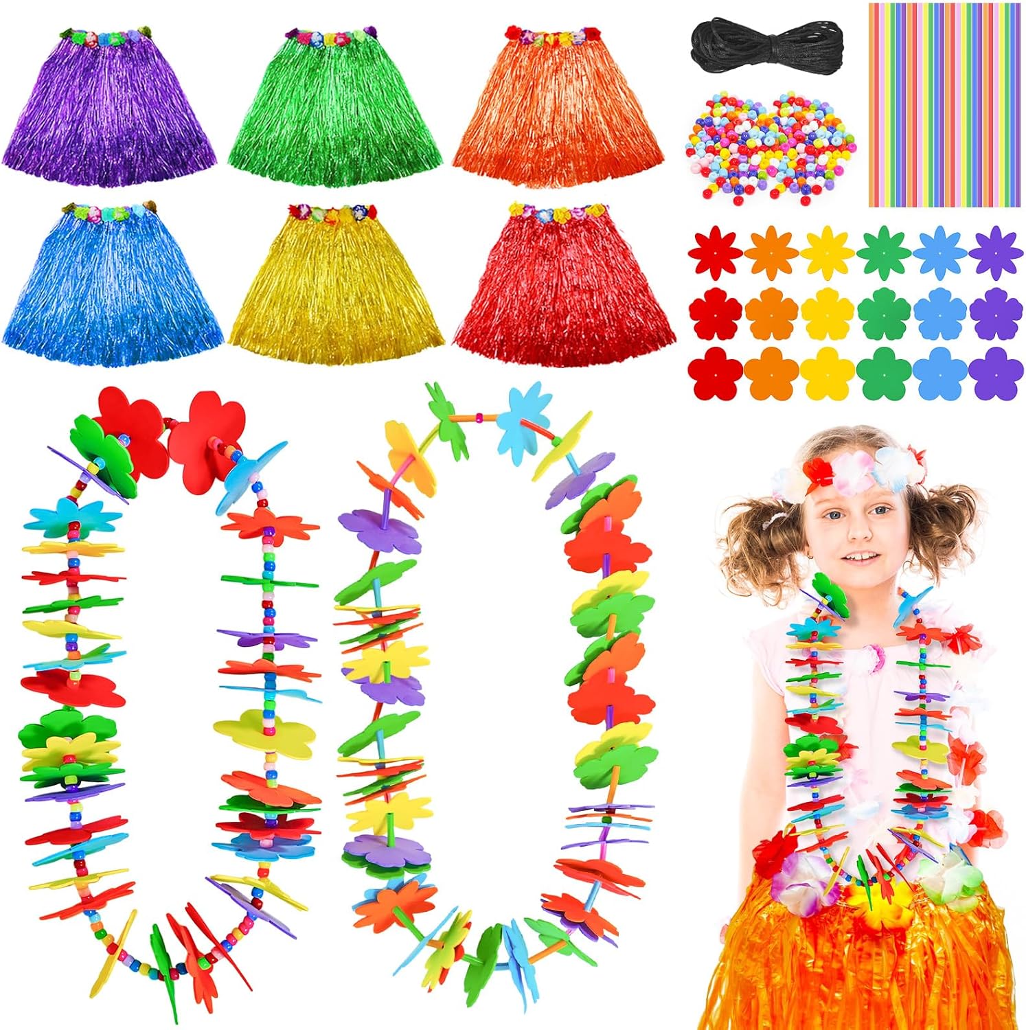 Cinrobiye 12 Pcs Hawaiian Lei Making Craft Kit,Foam Flower Necklace EVA Luau Crafts DIY Flower Necklaces with Hula Skirt Hawaiian Leis Bulk Decoration for Hawaiian Luau Summer Beach Party Decor