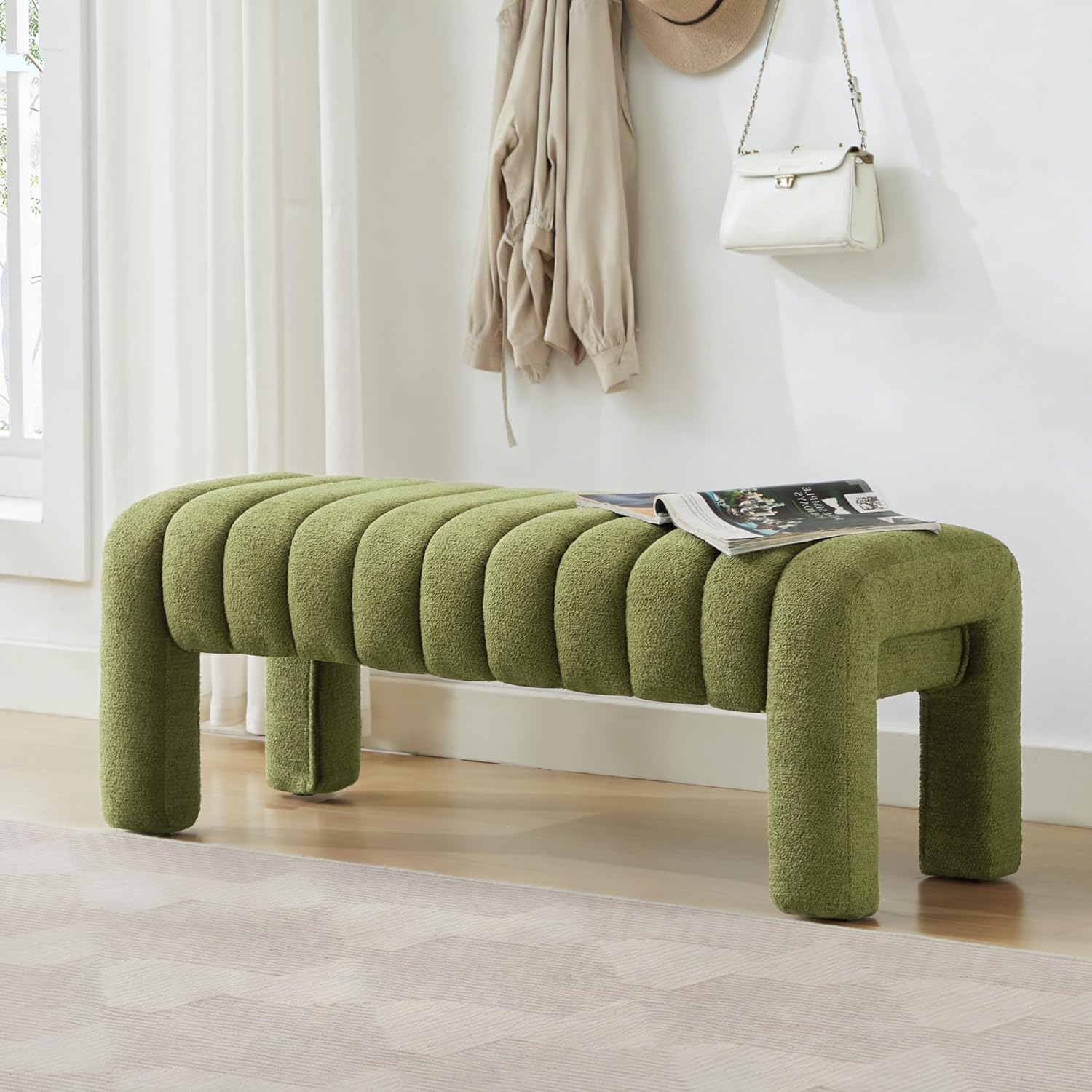 43’’ Bedroom Bench, Upholstered End of Bed Bench with Solid Wood Legs, Modern Small Dining Bench with Full Covered Fabrics for Entryway, Bedroom, Living Room (Green, Boucle)