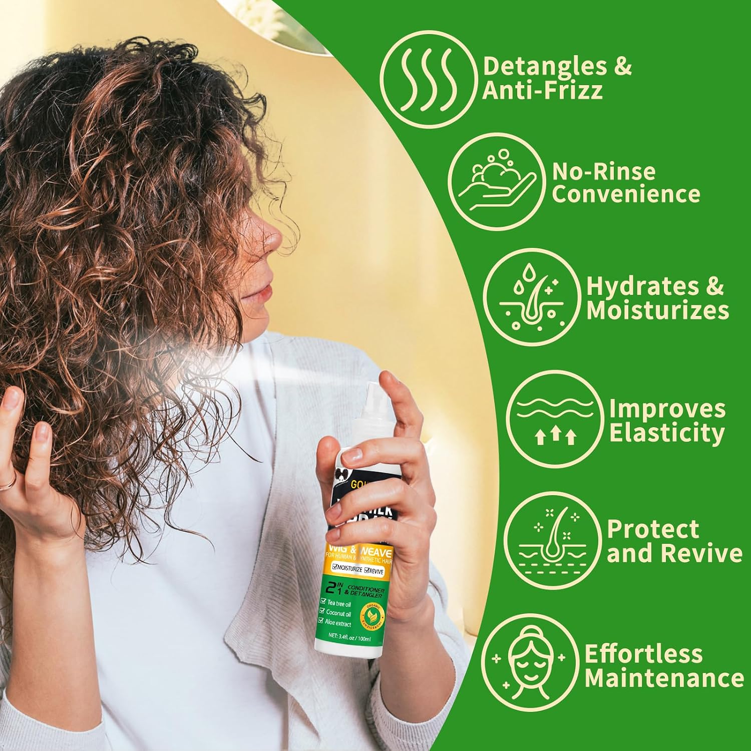 Wig Shampoo & Milk Spray & Wig Milk Serum for Synthetic Hair Human Wigs, Detangle and Anti-Frizz, Hydrates & Moisturizes Synthetic Wigs Conditioner ＆ Detangler Spray (3PCS)