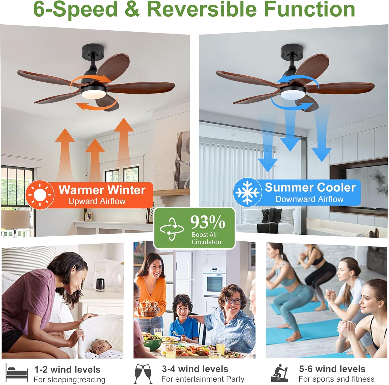 42 Inch Solid Wood Ceiling Fans With Lights, Remote Control, Dimmable, Reversible, Wood Blades, Power-Off Memory, Quiet DC Motor, Indoor/Oudoor Ceiling Fan with Light for Patio