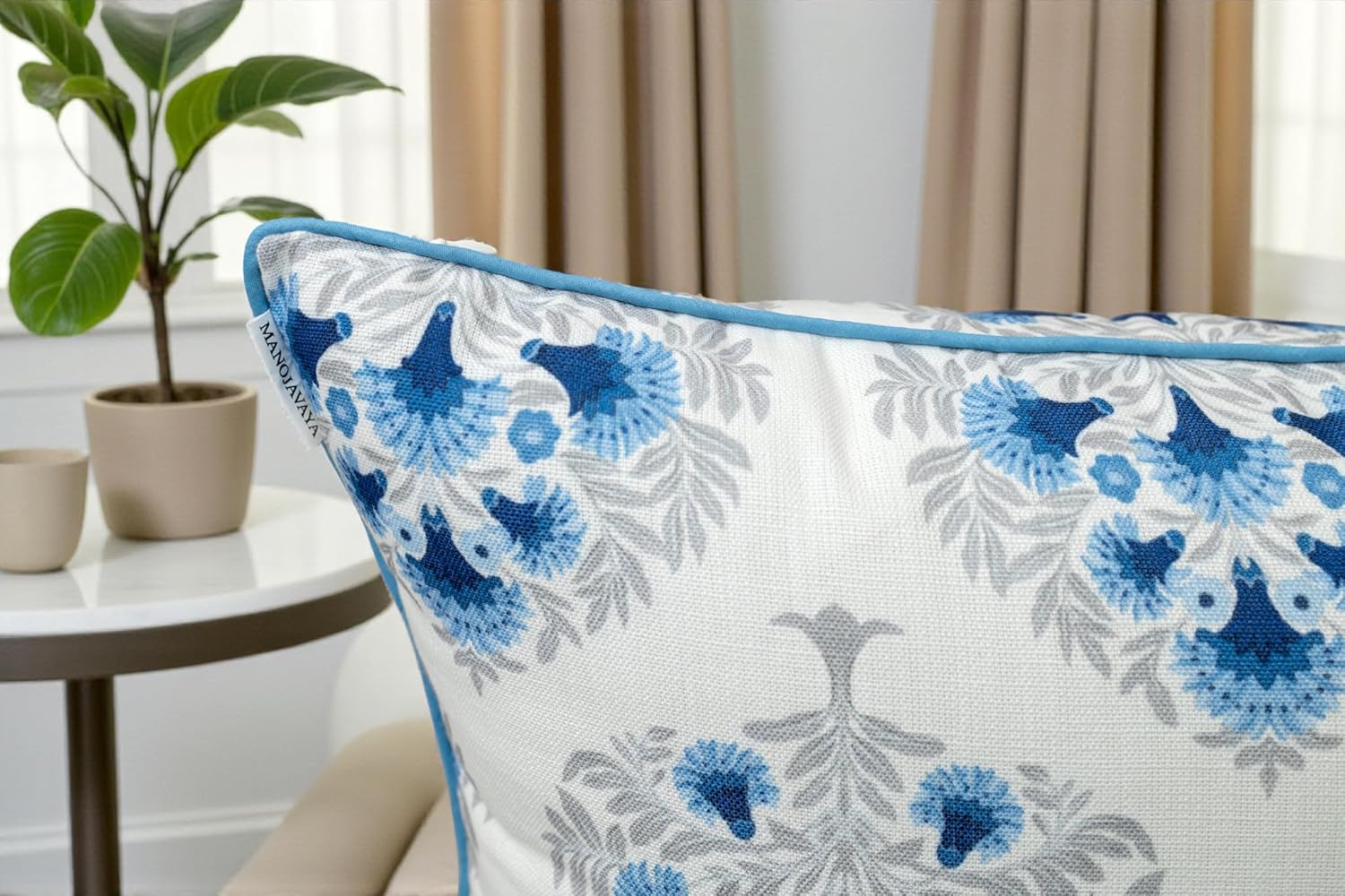 Printed 20x20 Inch Decorative Throw Pillow Cover - Poly Cotton Blend Blue Floral Motif - Padma