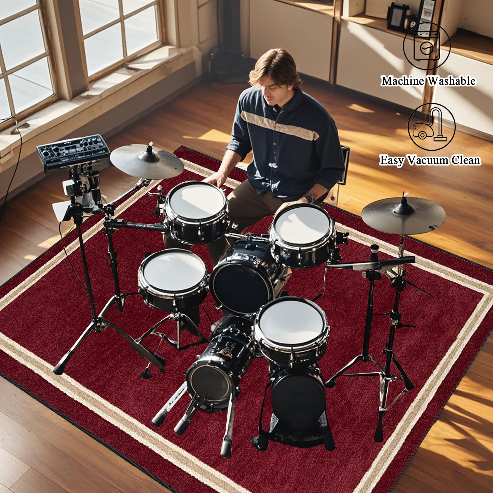 Schallschutz Teppichmatte, Drum Teppich Schlagzeug Teppich, 140 x 100 cm Rot Professioneller Schlagzeugteppich, rutschfeste Trommel Teppich, Schallschutzdecke für E-Drum-Kits Bass Drum Snare