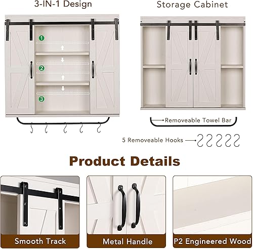 Vista 12 de RUSTOWN Armario de almacenamiento de pared de madera rústica con dos puertas correderas de granero, armario decorativo de 3 niveles para cocina