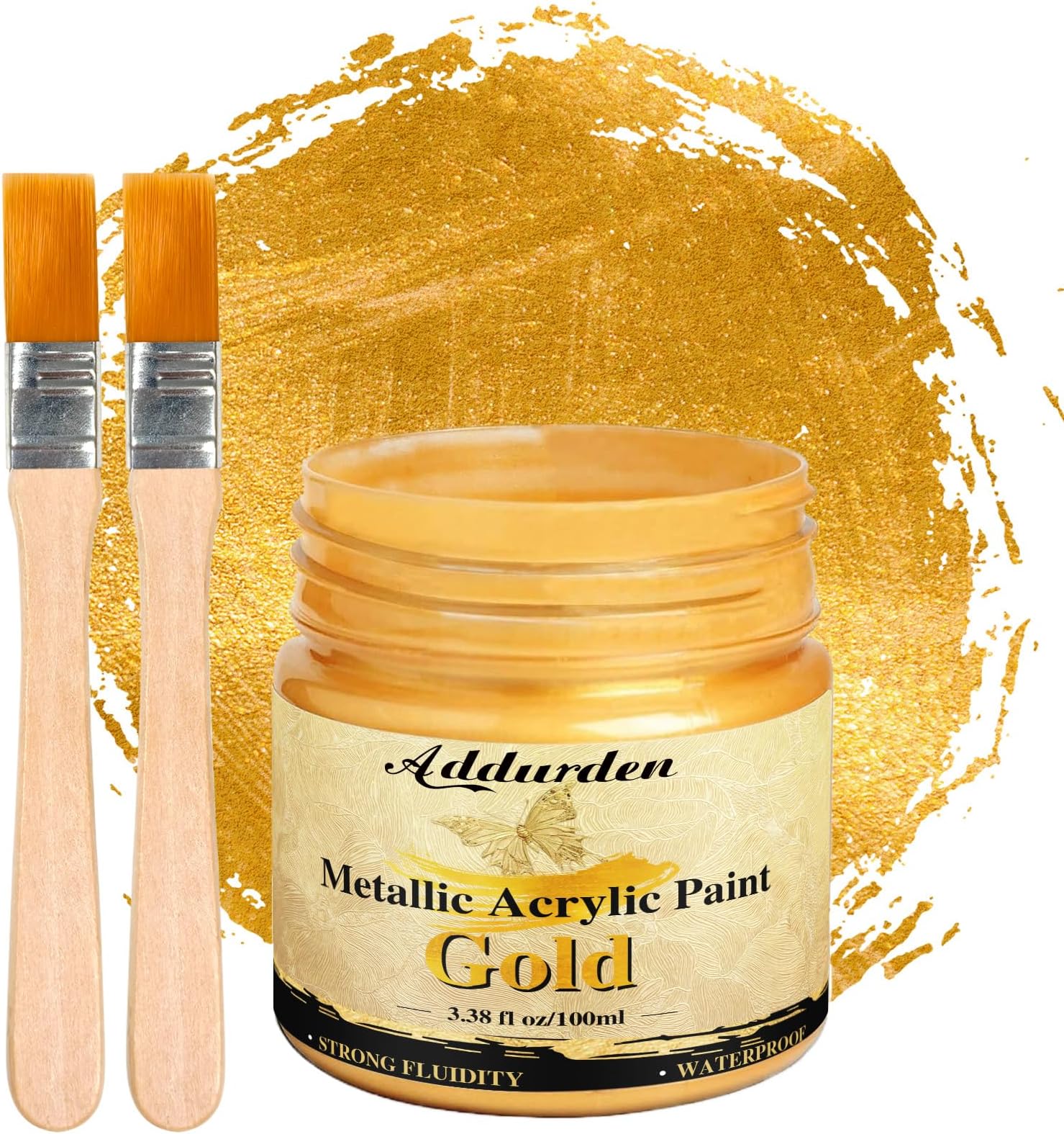 100ml Acrylic Paint Metallic with 2 Brushes, Gold Leaf Paint for Metal, Art, Crafts, Canvas, Wood, Fabric, Non-Toxic Non Fading, Waterproof, Long-Lasting Shine