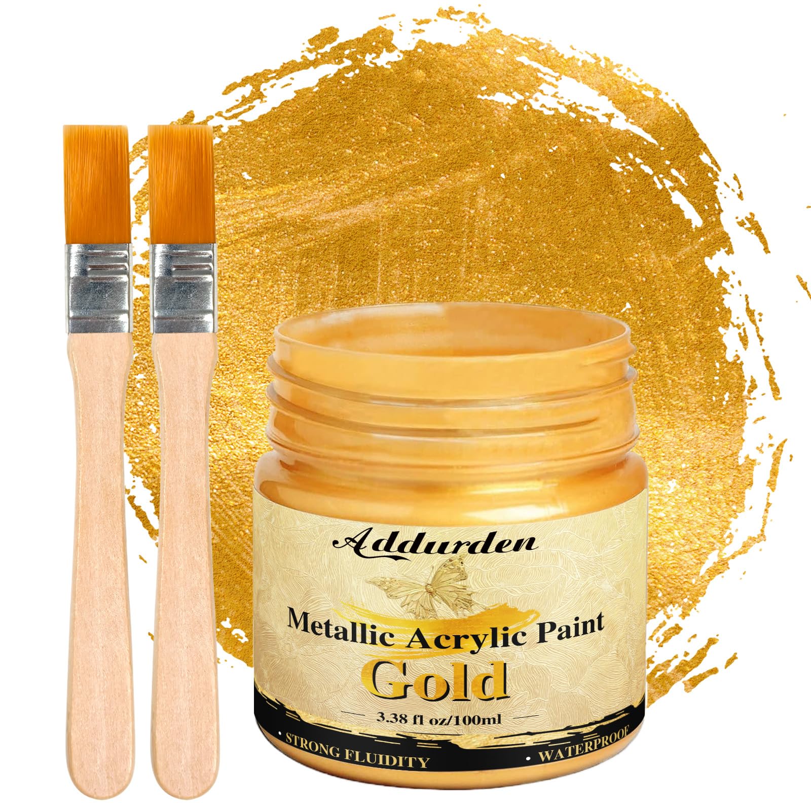 100ml Acrylic Paint Metallic with 2 Brushes, Gold Leaf Paint for Metal, Art, Crafts, Canvas, Wood, Fabric, Non-Toxic Non Fading, Waterproof, Long-Lasting Shine