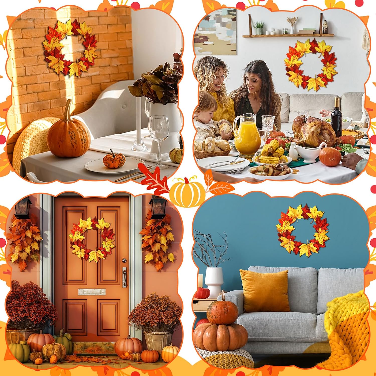 Metal Fall Wreath Maple Leaf Thanksgiving Door Sign | 13 Inch Metal Fall Decor, with Red Orange Yellow Maple Leaf, for Thanksgiving Front Door, Porch and Wall Decor