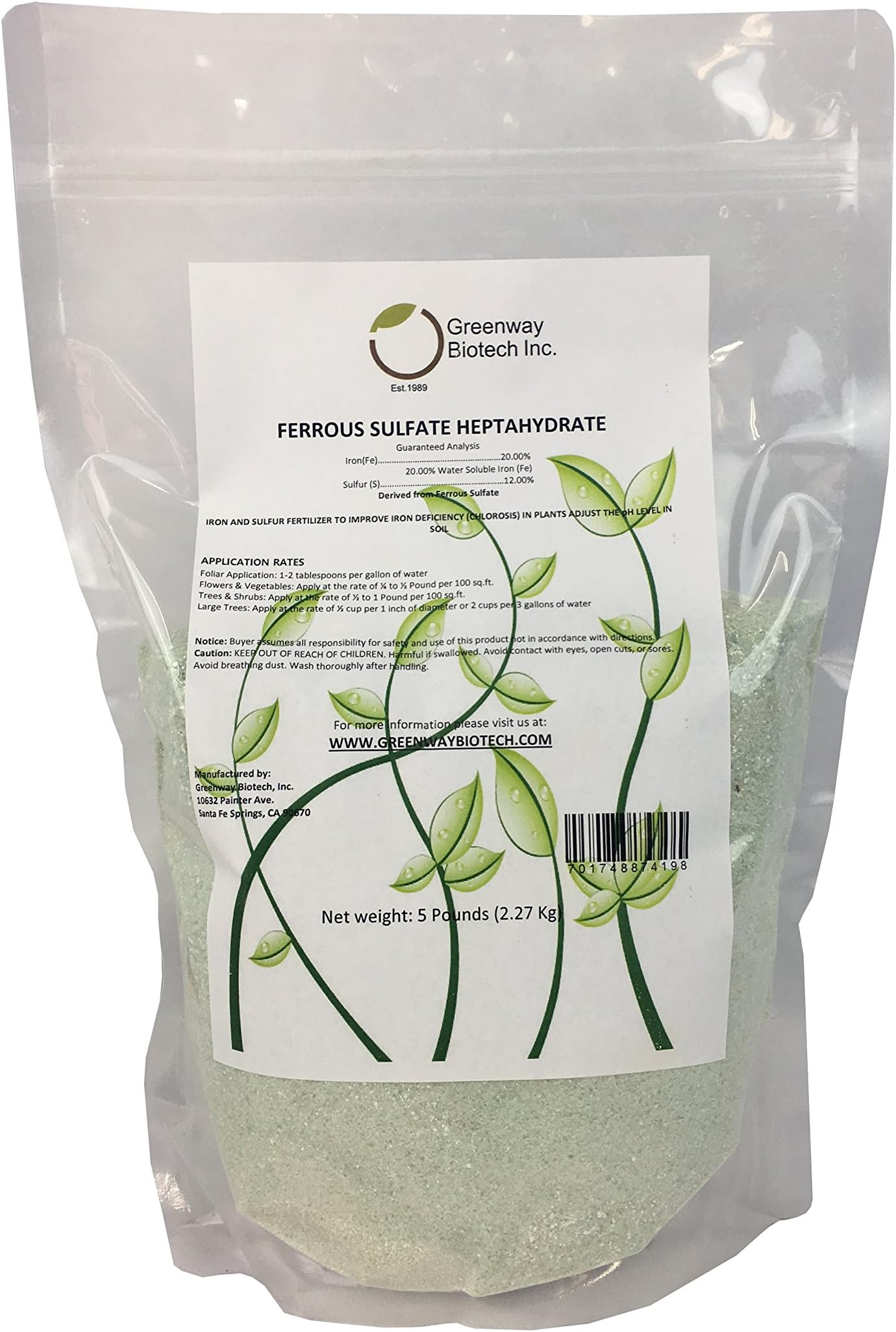 Greenway Biotech, Inc. Ferrous Sulfate Heptahydrate 20% Iron (Fe) 12% Sulfur (S) 100% Water Soluble Powder Brand 5 Pounds