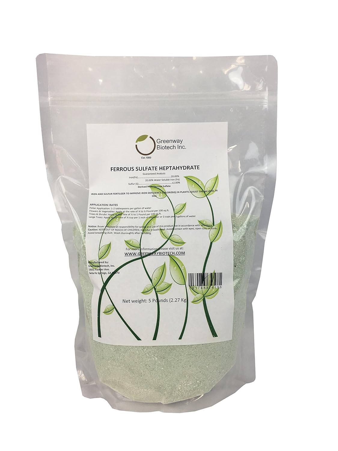 Greenway Biotech, Inc. Ferrous Sulfate Heptahydrate Fertilizer Includes 20% Iron (Fe) 12% Sulfur & 100% Water Soluble Powder- Organic Lawn Fertilizer for Vegetables and Plant Growth - 5 Pounds