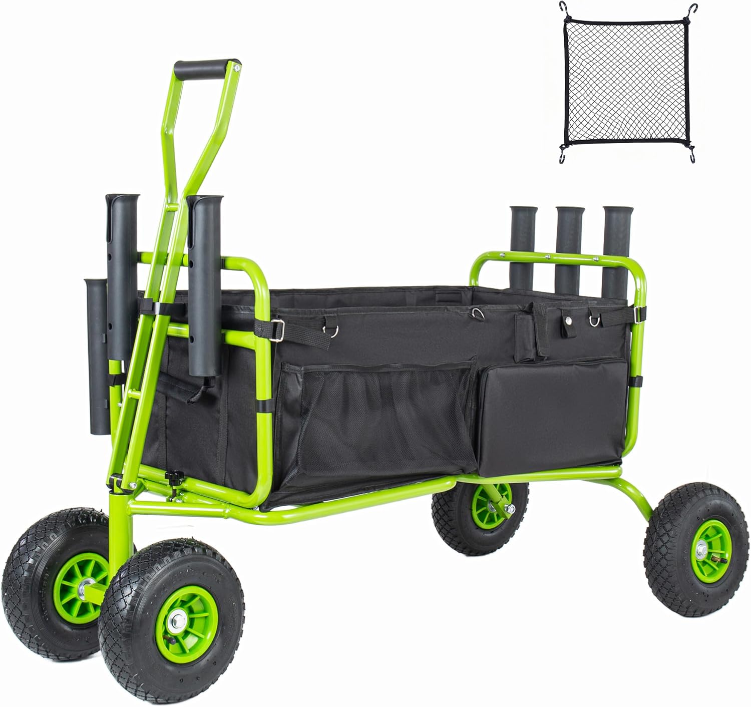 ZeHuoGe Fishing Cart Beach Cart Collapsible Wagon with 9.85'' Wheels, Heavy Duty Garden Cart with Rod Holders,Umbrella Holder and Storage Pockets,550lb Large Capacity (Green)