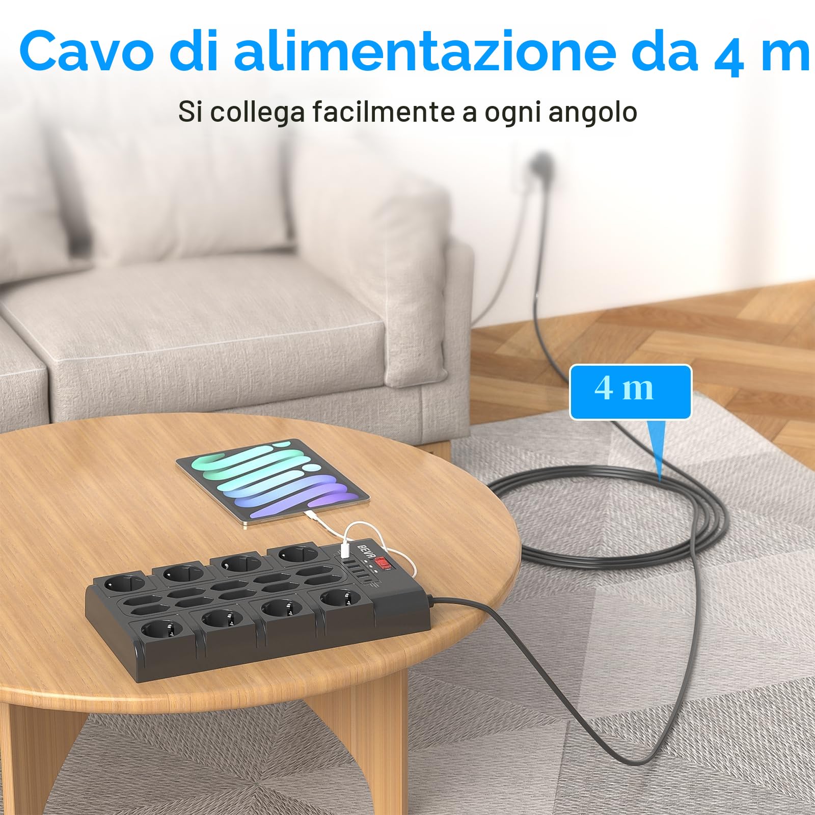 4M Ciabatta Multipresa 3680W/16A, BEVA Ciabatta Elettrica con 18 Prese CA, 4 Porte di Ricarica USB-A e 2 USB-C, Presa con Indicatore di Stato e Protezione Dalle Sovratensioni