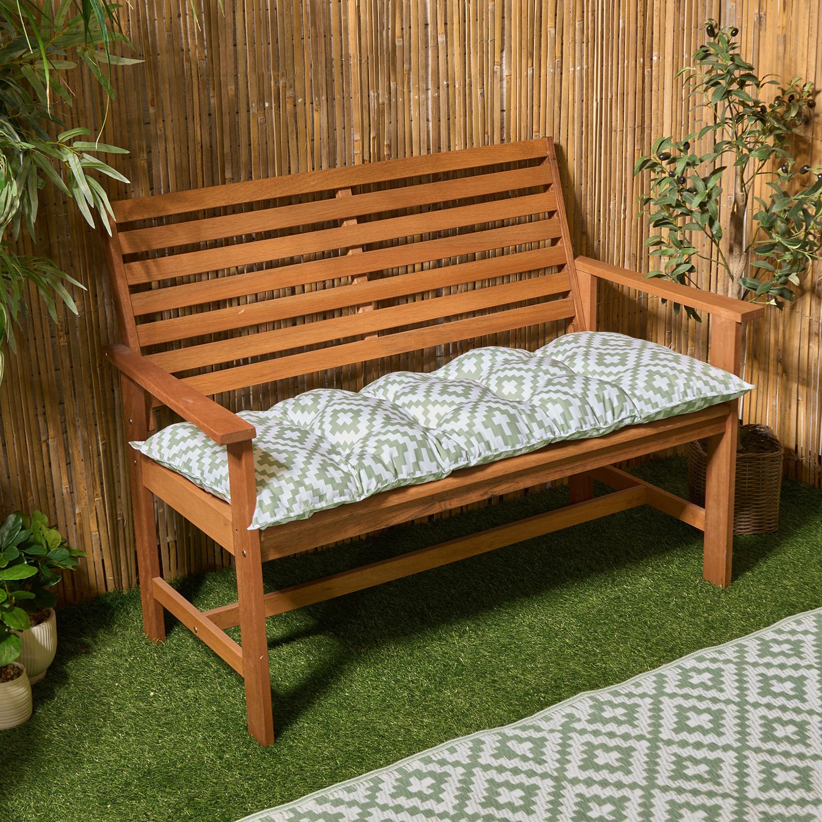 OHS 2 Seater Garden Bench Cushion Geometric Print Bench Seat Pad, Super Soft Comfortable Waterproof Outdoor Seat Cushions For Patio Furniture or Dining, Sage-110x40cm — view 7