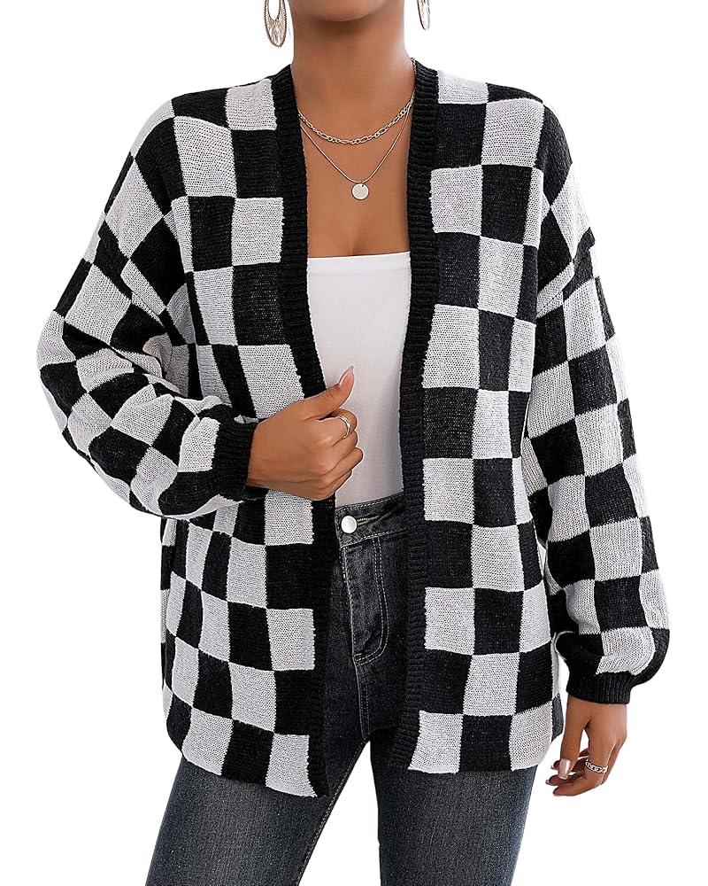 CORIRESHA Women's Fall Checkered Cardigan Open Front Long