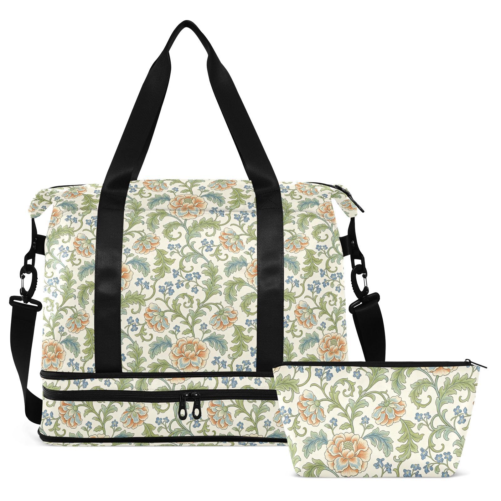 Zestaw 2 dużych toreb podróżnych retro pomarańczowa róża wzór William Morris Weekender podróżna torba na noc z toaletką do trekkingu