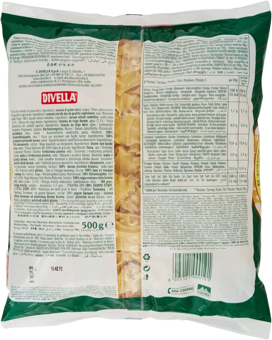 20 pastas Divella 100% Italiano N° 19 Pantacce 500 gr