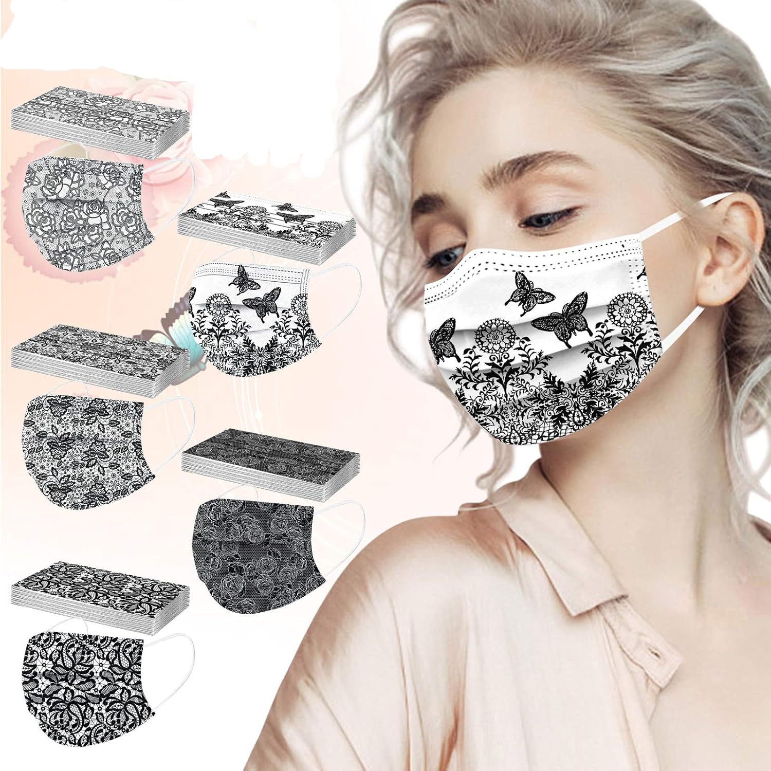 50 Pack Lace Pattern Disposable Face_Masks with 3 Layer Face Filter with Elastic Earloop, Breathable with Lace Print Pattern, Suitable for school office outdoor for unisex Adult