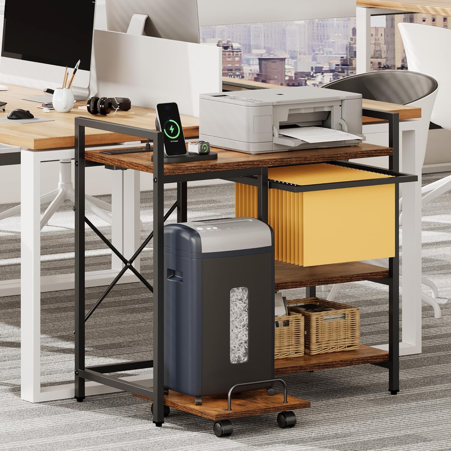 YITAHOME Printer Stand with Storage, 3 Tier Office Printer Desk Stand, Printer Stand for Home Office, File Cabinet with Charging Station, Brown