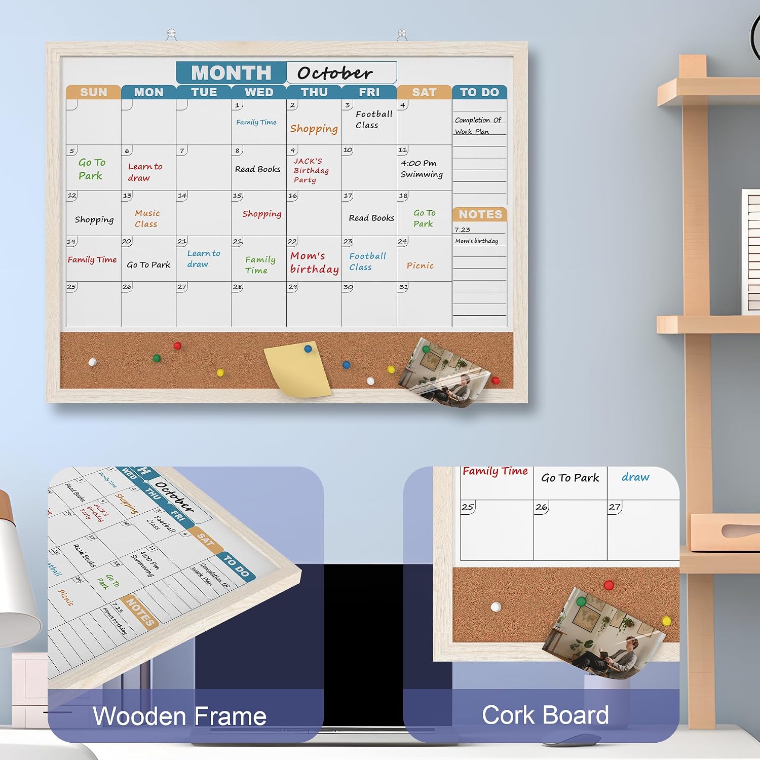 Monthly Calendar Dry Erase Board 24x18 Inch, Double-Sided Whiteboard and Corkboard Combo with White MDF Frame (Color Calendar), Wall Mounted Planner with Marker, Magnet, Push Pin, Eraser