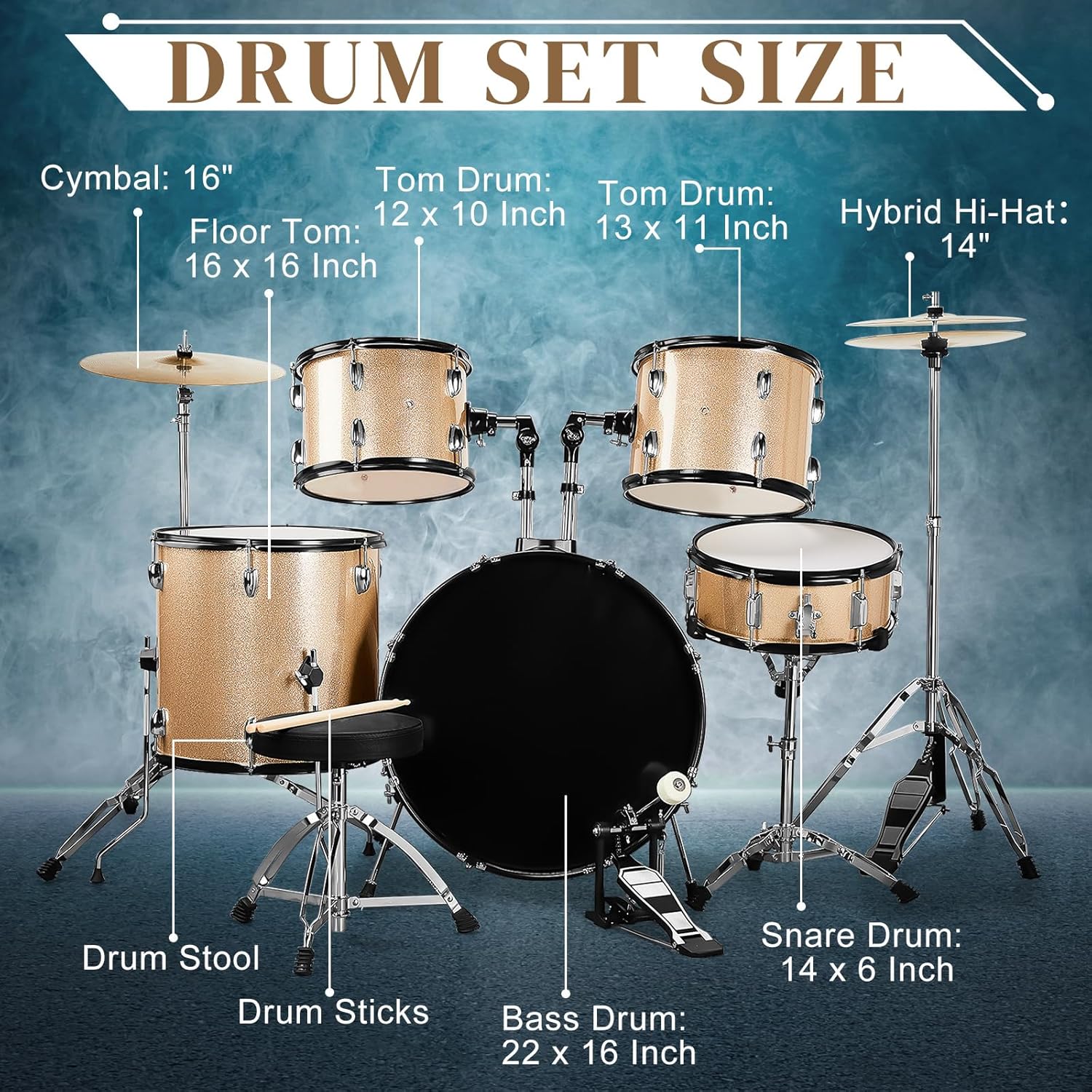 Ktaxon 22 Inch Adult Drum Set, 5-Piece Full-Size Drums Kit with Cymbal Stands, Hi-hat Stand, Sticks, Drum Pedal, Stool & Floor Tom for Beginner Teens Student (Champagne)