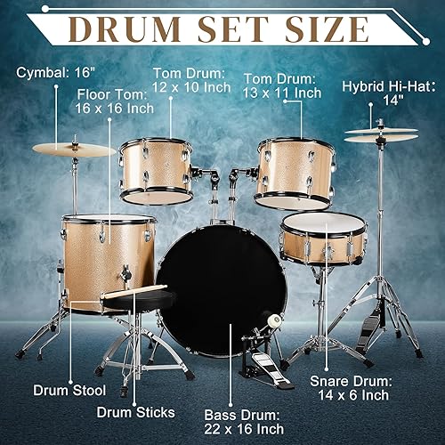 Vista 42 de Ktaxon Juego de batería para adultos de 22 pulgadas, kit de 5 piezas de tamaño completo con soportes de platillo, soporte de sombrero, palos, pedal