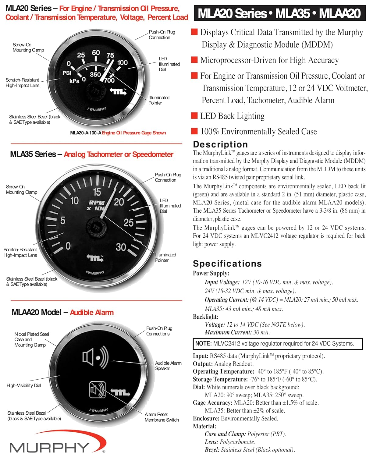 MLA20-A-100-A (78700007): MurphyLink® Engine Oil Pressure Gage