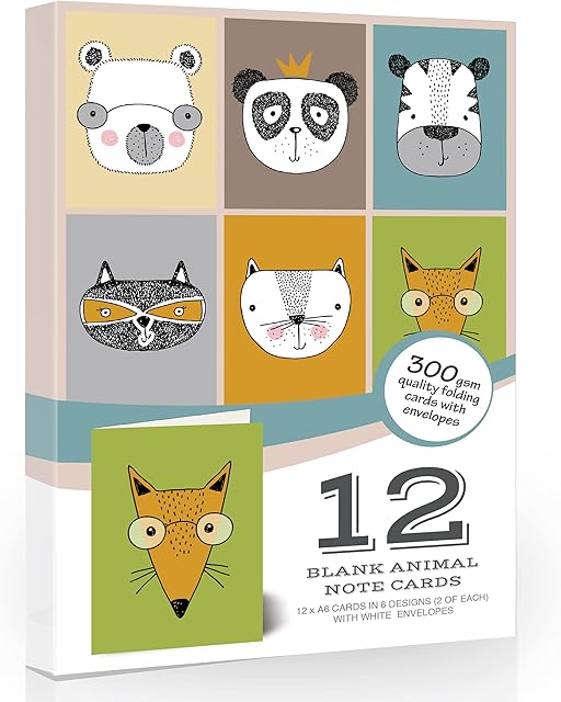 12 x Blank Note Cards & Envelopes by Olivia Samuel. Cards and Envelopes Recyclable. Cute Animal Designs.