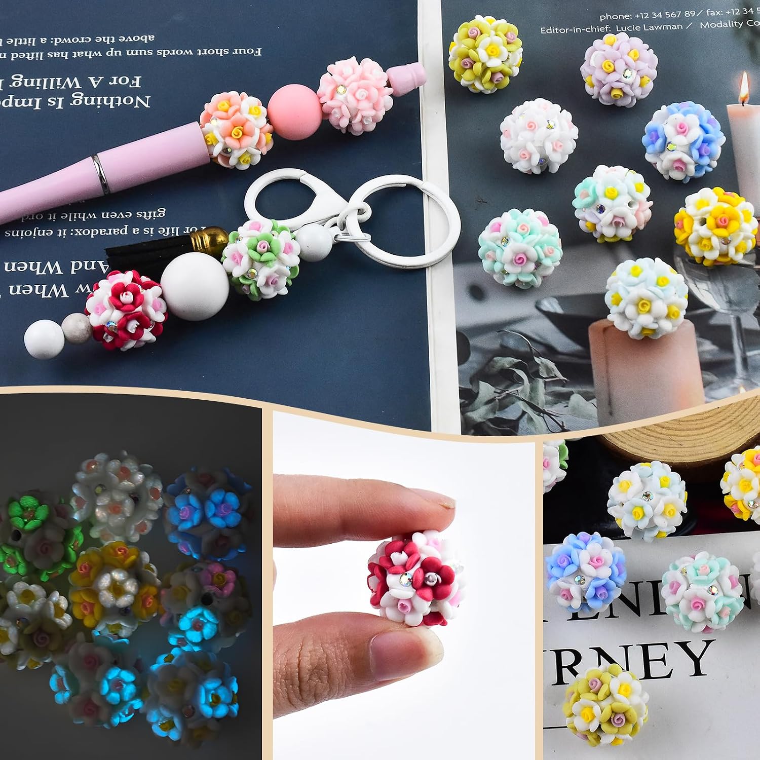 12Pcs Glow in The Dark Flower Ball Focal Beads for Pens Colorful 3D Flower Polymer Clay Space Beads for DIY Craft Jewelry Bracelet Necklace Earrings Keychain Making