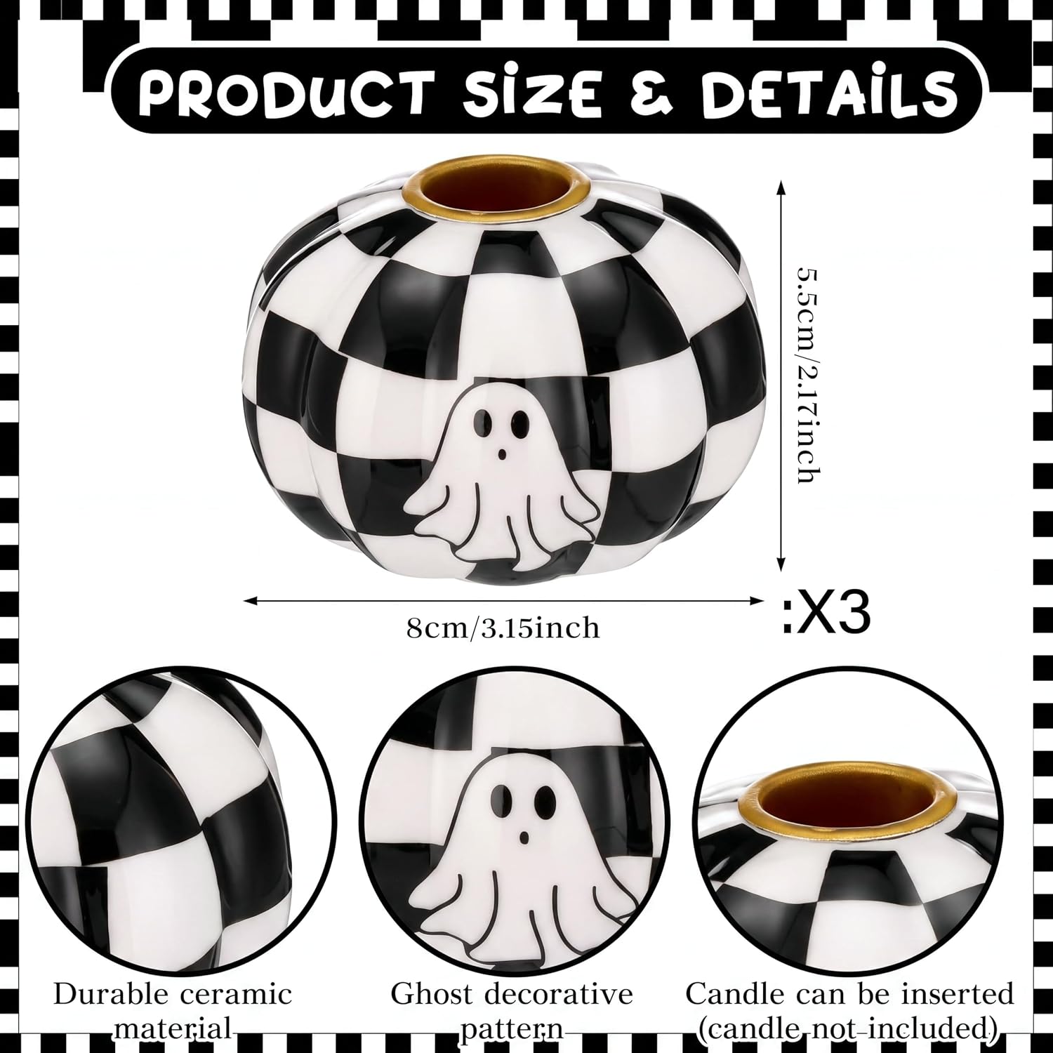 Mumufy 3 Pcs Halloween Black White Checkerboard Decor Candle Holder