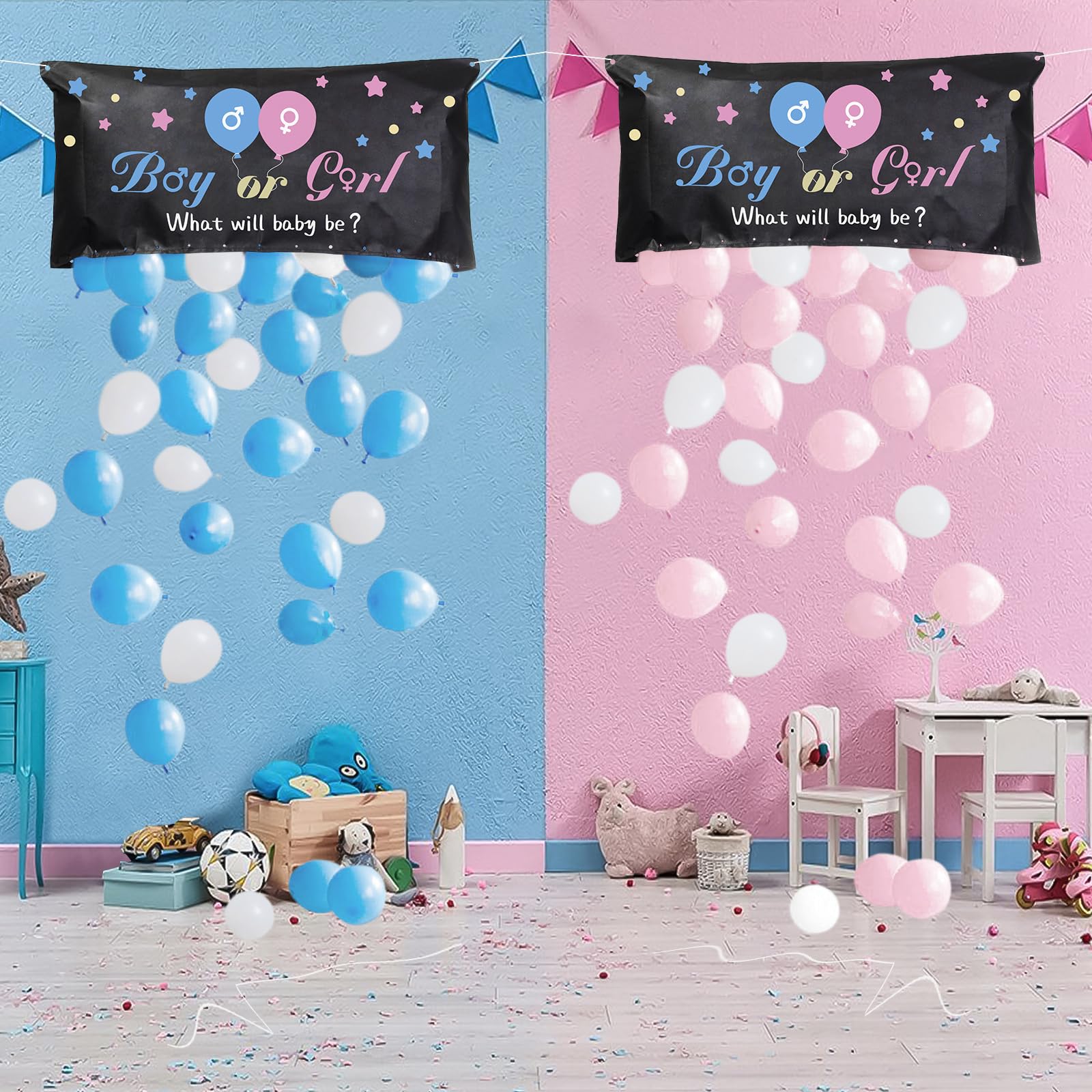 BLOOWIN Gender Reveal Giochi - Kit Baby Shower Con Borsa per Palloncini Party Boy or Girl - Balloon Drop Bag