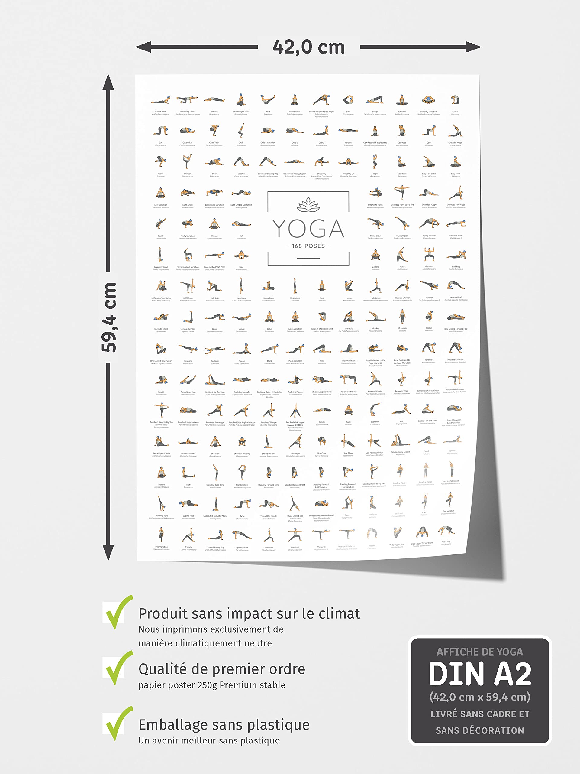 JUNOMI® Poster de Yoga DIN A2 avec 168 postures et asanas, accessoires de yoga pour studios et exercices à domicile, idée cadeau parfaite pour le yoga | sans cadre