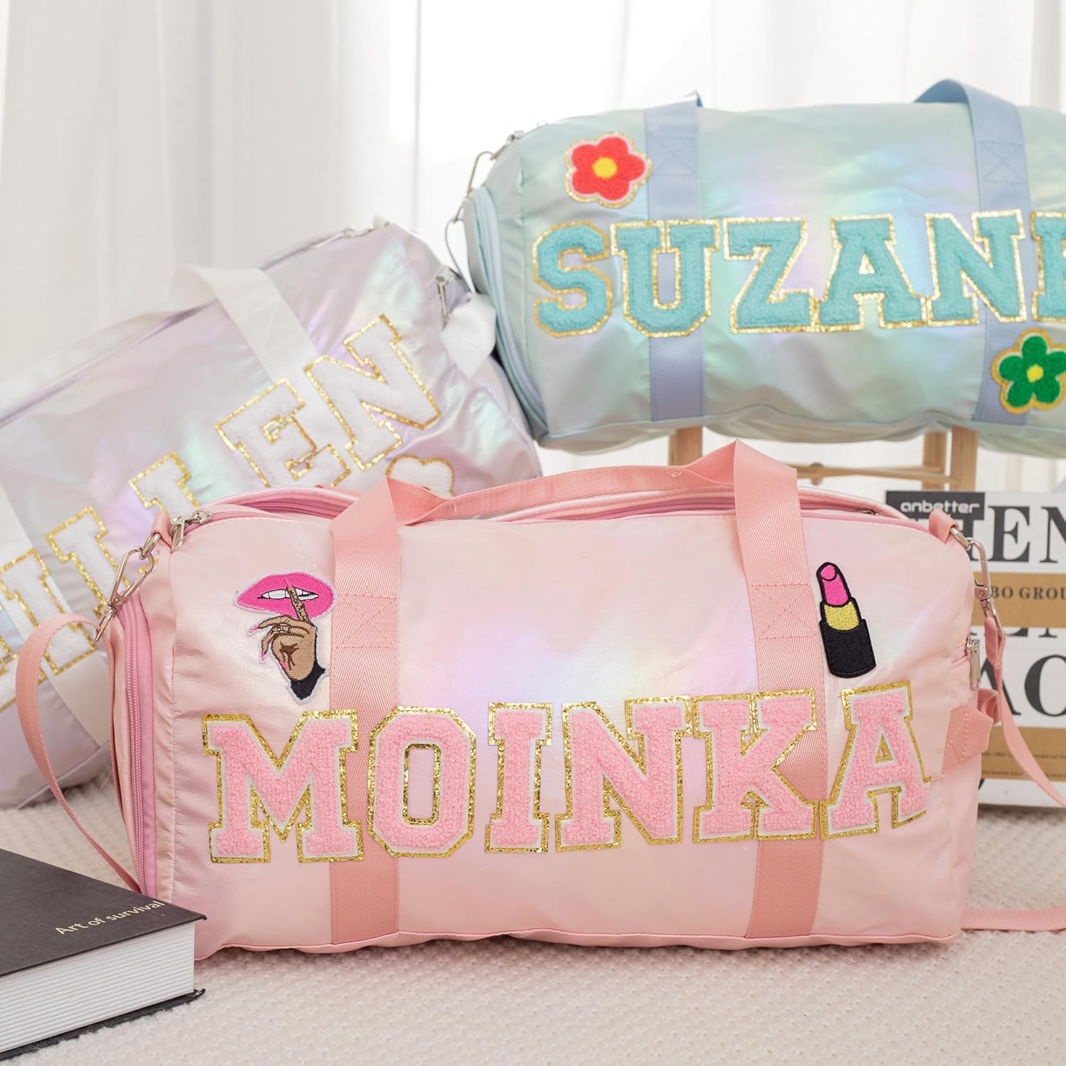 Personalized Gymnastic Duffle Bag with Shoe Compartment, Dance Bag with Chenille Letters, Waterproof Weekender Bag for Women