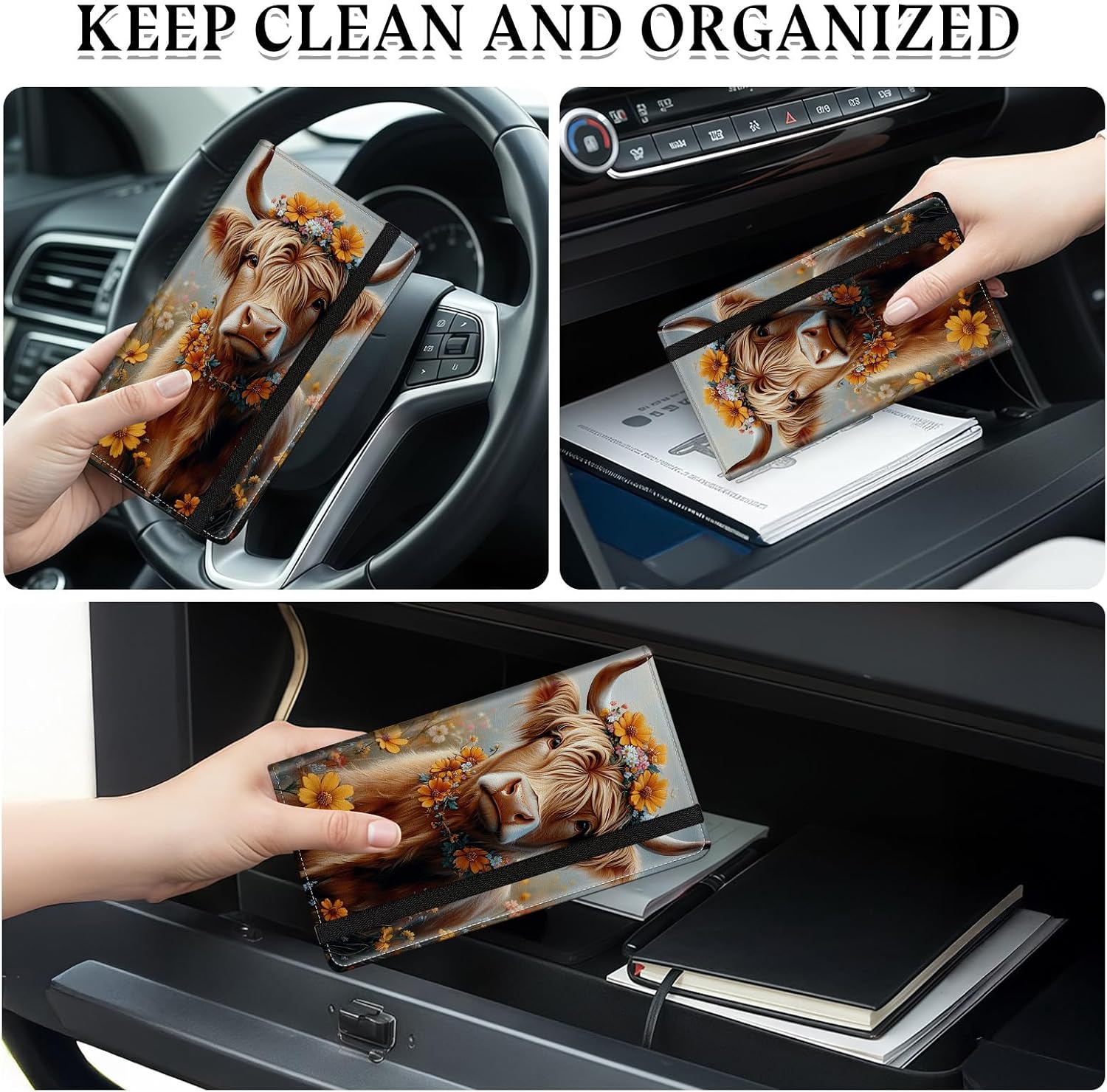 Car Registration and Insurance Holder, Leather Car Document Organizer Wallet, Flower Crown Highland Cow Glove Box Storage for License, ID Card, Card Holder, Car Accessories for Women Men image 5