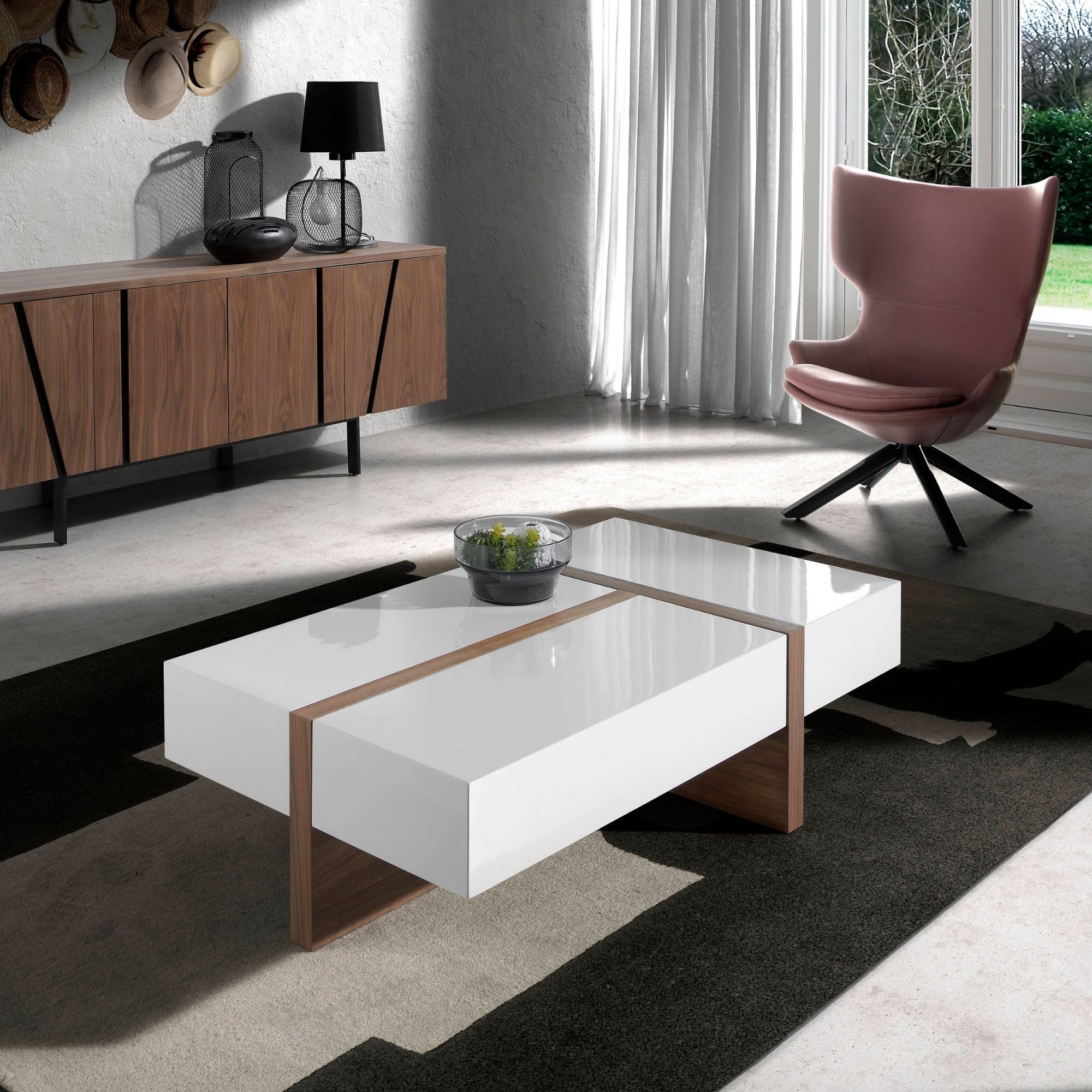 Angel Cerdá - Rechteckiger Couchtisch in Weiß glänzend und Nussbaum mit Ablage - Moderner Couchtisch mit Schubladen - Originell und vielseitig