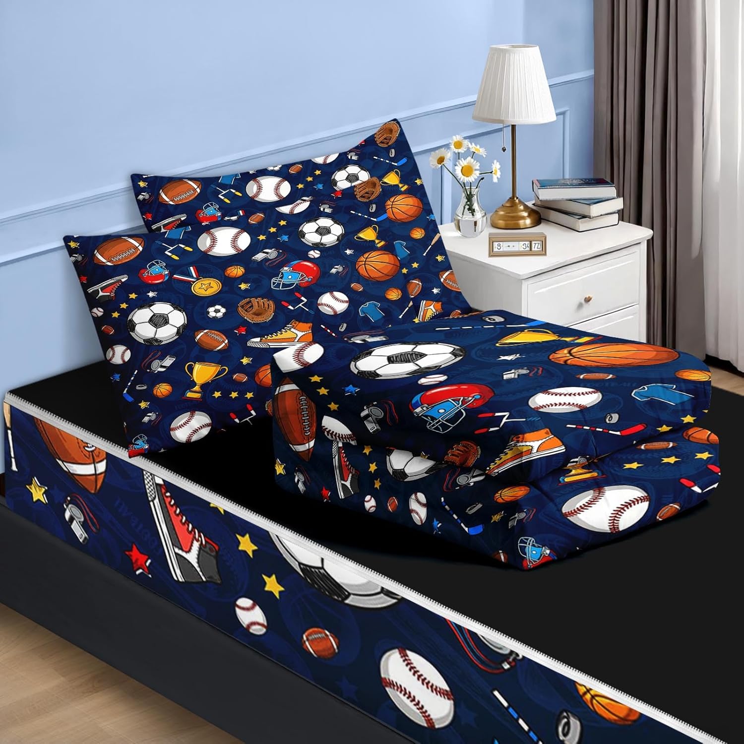 Nesker Twin Zipper Bedding, Football Balls Zipper Bedding Sets for Boys, 3pcs All in on one, Soccer Sport Kids Comforter Set with Fitted Sheet and 2 Pillowcases - Image 2