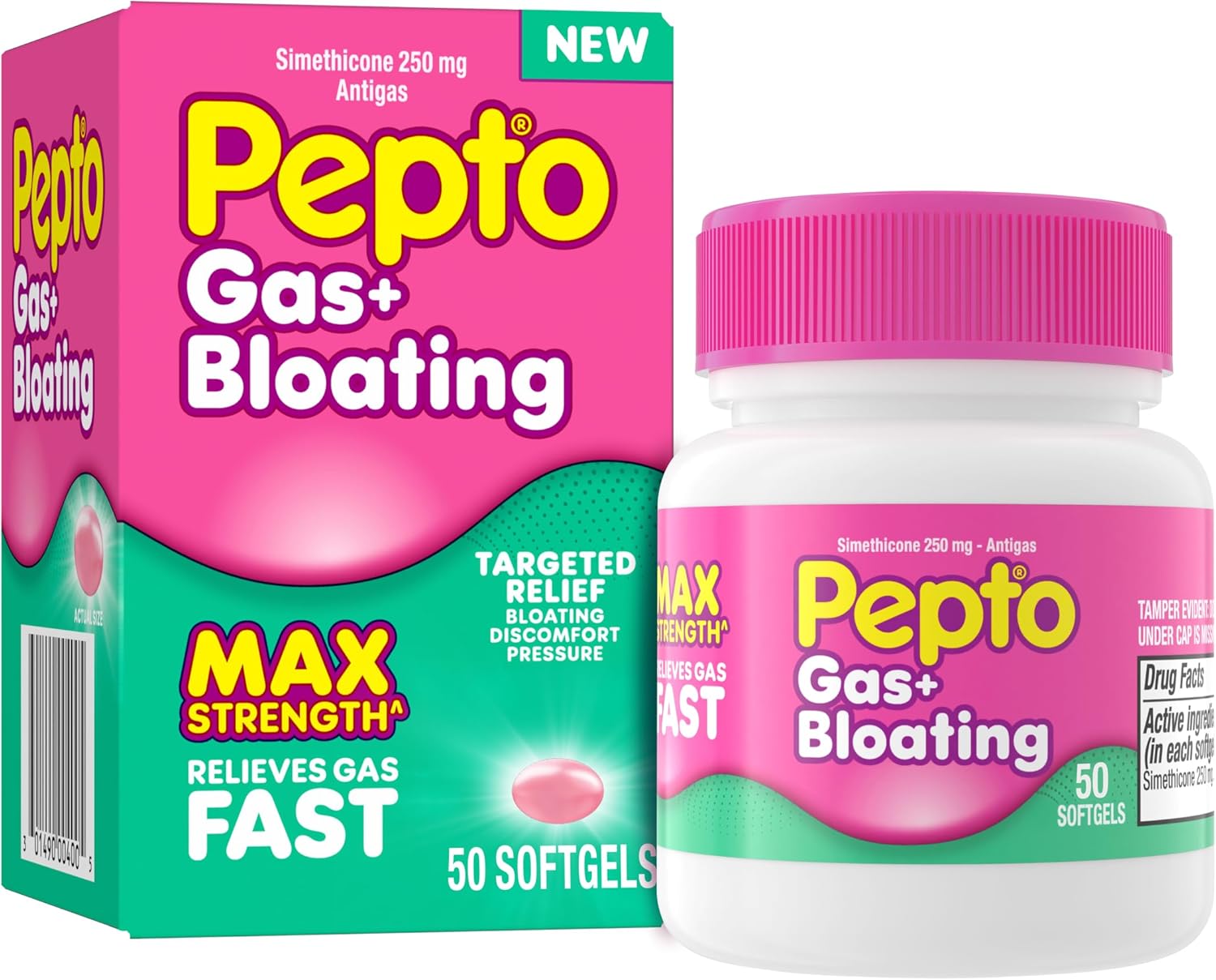 Pepto Gas + Bloating, Simethicone 250 mg Softgels, 50 Count, Gas Relief for Adults, Anti Gas and Bloating, Gas Relief Maximum Strength