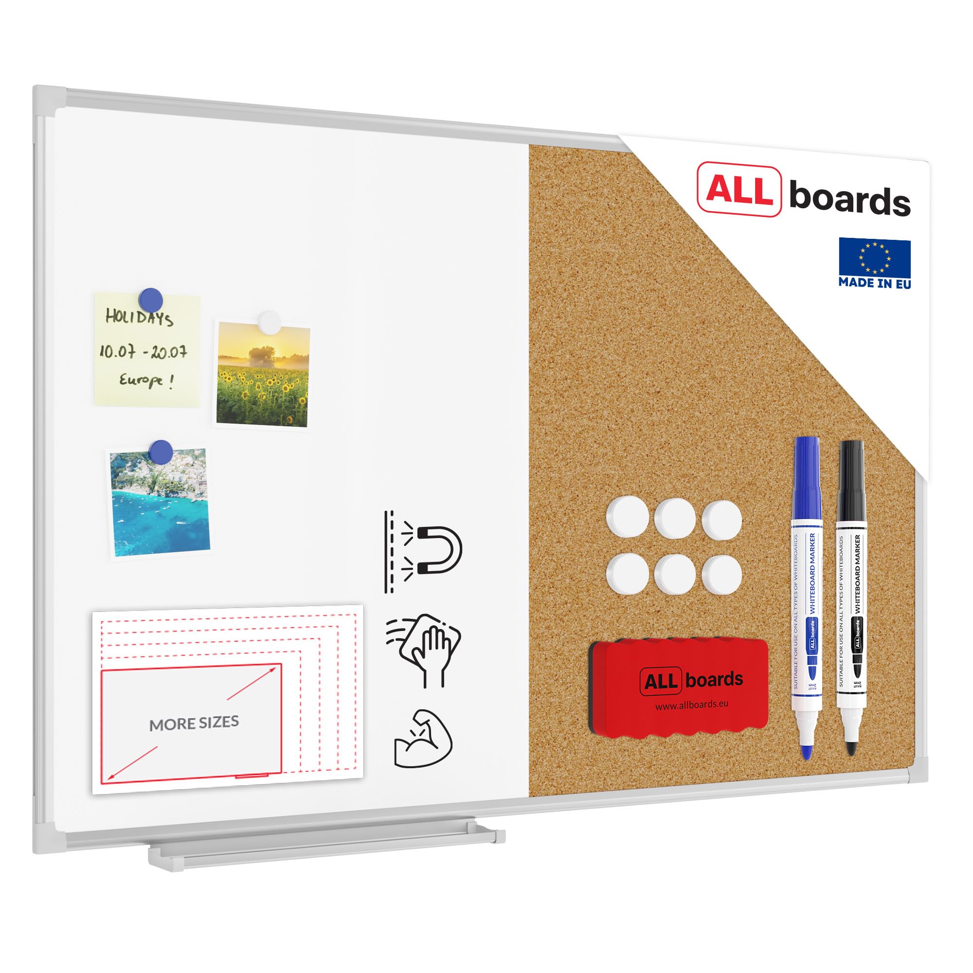 ALLboards 2 in 1 Whiteboard and Cork Board with Aluminium Frame - 90x60cm, Magnetic Pin Board