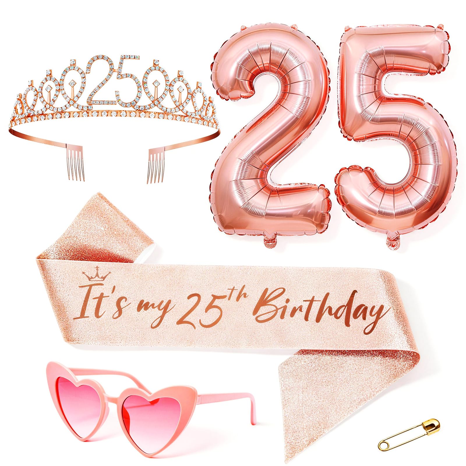 Anruzon Geburtstag Frau Deko, Geburtstag Krone und Schärpe, Rosa herzförmige Brille, Luftballons Rosegold, Geschenke für Frauen, Geburtstagsparty Deko Supplies