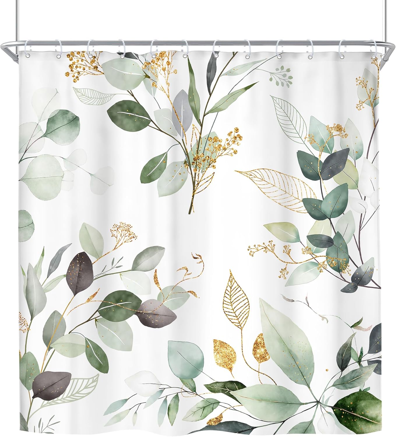Riyidecor Extra Long Sage Green Shower Curtain 72Wx84H, Eucalyptus Golden Leaf Spring Botanical Bathroom Curtains, Watercolor Farmhouse Shower Curtain Sets with 12 Hooks Ideal for Bathroom Decor