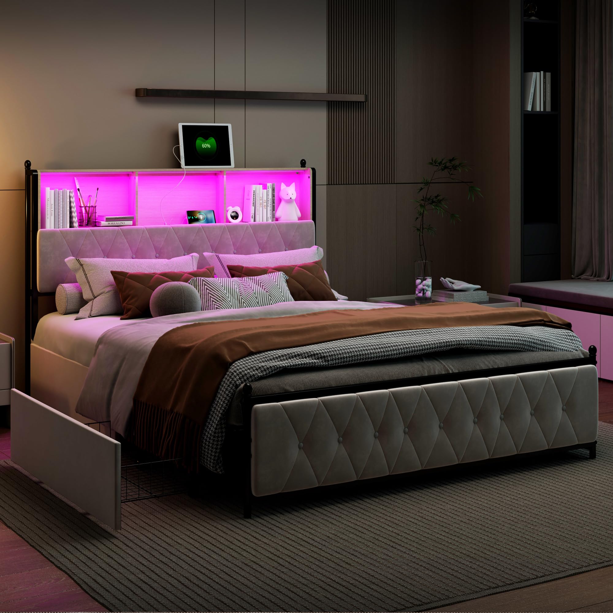 Cama tapizada para cama doble de 160 x 200, cama con cajón, cama funcional con cabecero, cama doble LED con almacenamiento, cama para adultos (beige, 160 x 200)