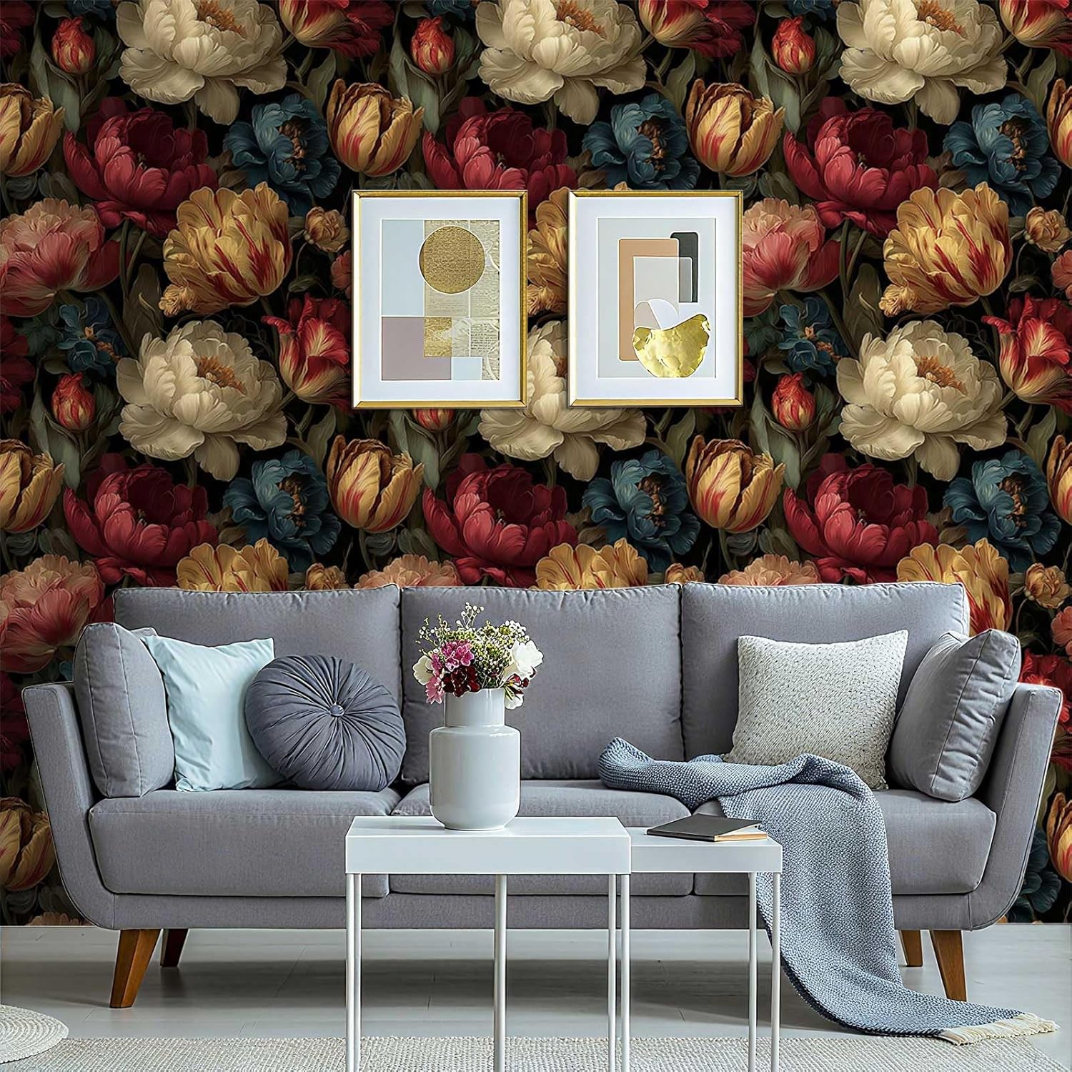 Vintage Floral Peel and Stick Wallpaper, Dark Botanical Wallpaper with Large Blooming Flowers for Home Decor | 17.7" x 236", Self-Adhesive, Waterproof Vinyl
