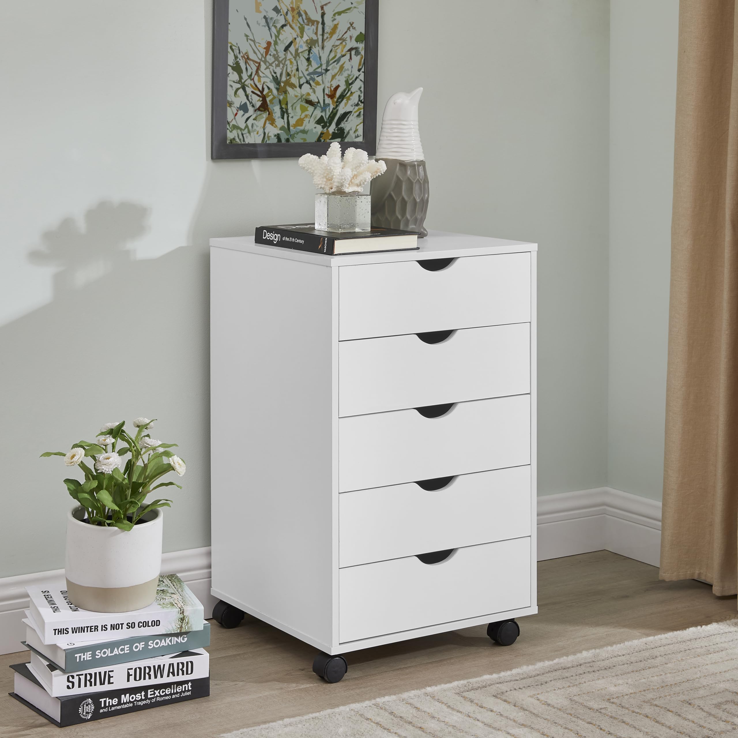 Naomi Home 5-Drawer Rolling Chest, White, Smart Storage with Metal Slide Glides & Smooth Wheels, Compact Space-Saver, Easy Assembly, Durable Engineered Wood White 5 Drawer