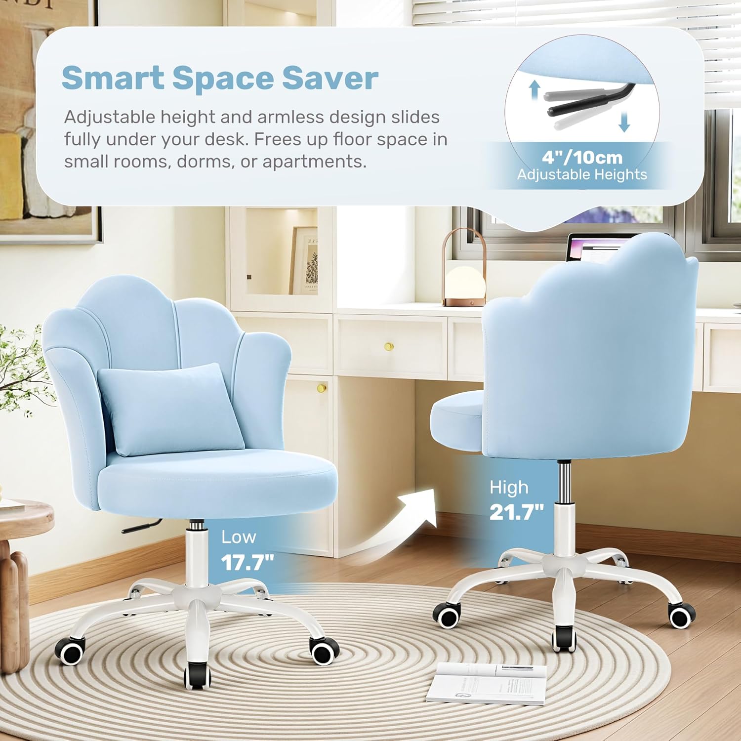 BestGlory Petal Vanity Chair with Wheels, 3.15" Extra Thick Comfy Makeup Chair, Adjustable Modern Swivel Armless Desk Chair for Girls Women, Aesthetic Small Office Chair for Bedroom Dorm