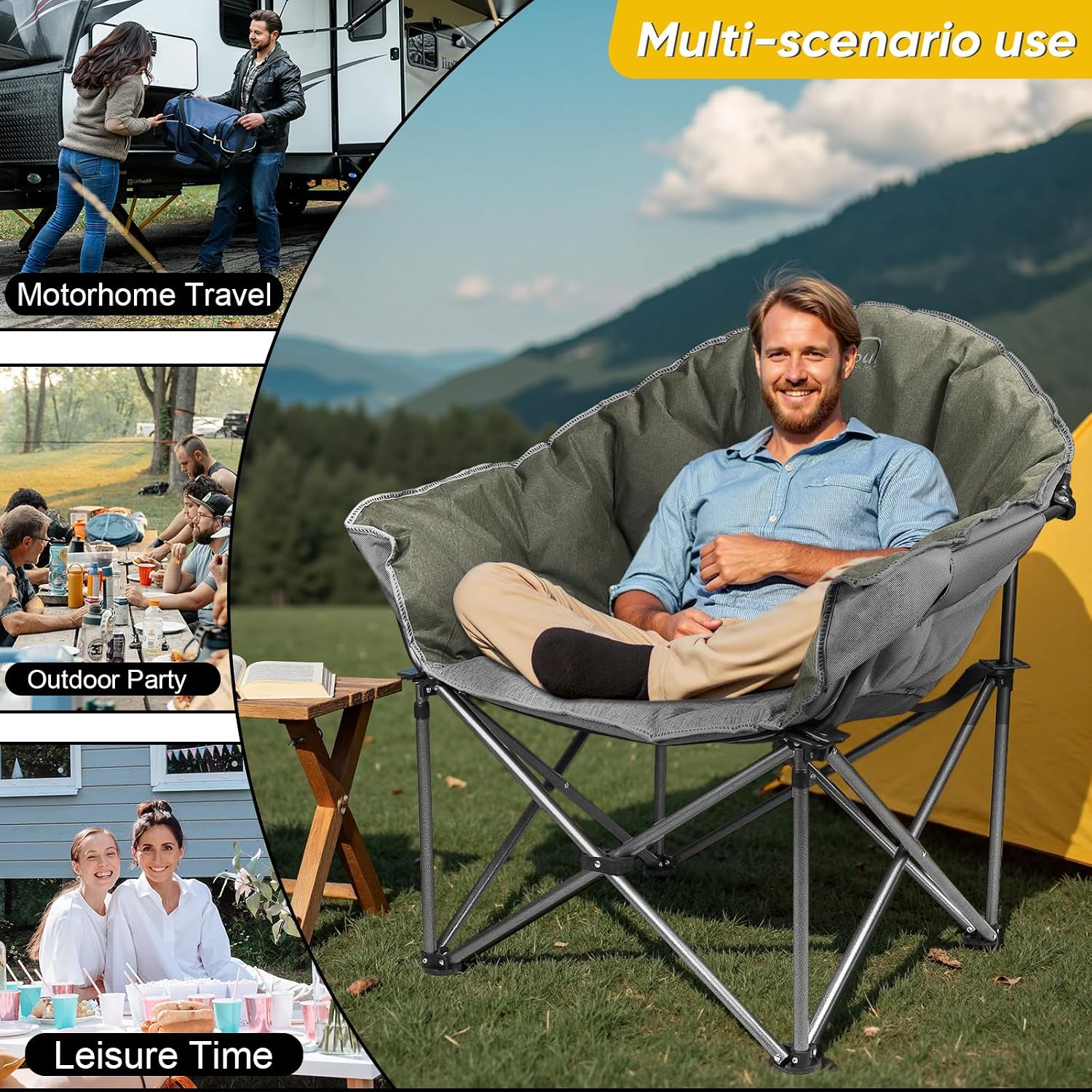 Colorsoul Oversized XXL Camping Chairs 450lbs Support,Extra-Large Padded Outdoor Chairs for Adults,Heavy Duty Folding Lawn Chair with Side Pocket for Patio, Beach,Fishing,Tailgating,Khaki Gray