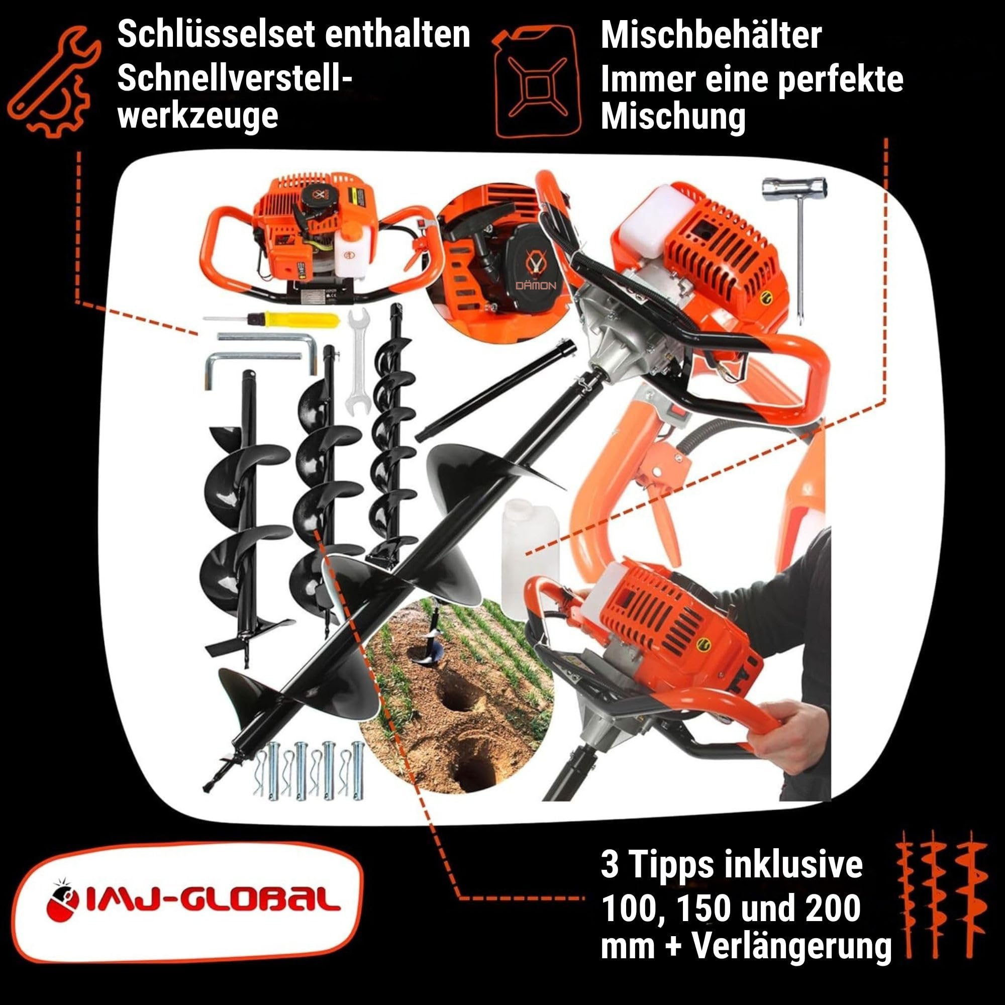 IMJ-Global – Erdbohrer Benzin DEMON da 62cc – 5,2 PS mit 2-Takt-Motor, Benzin-Öl-Gemisch, Benzin Erdbohrer Gartenbohrer Professioneller mit 3 Bohrspitzen (Ø 100 mm, 150 mm, 200 mm)